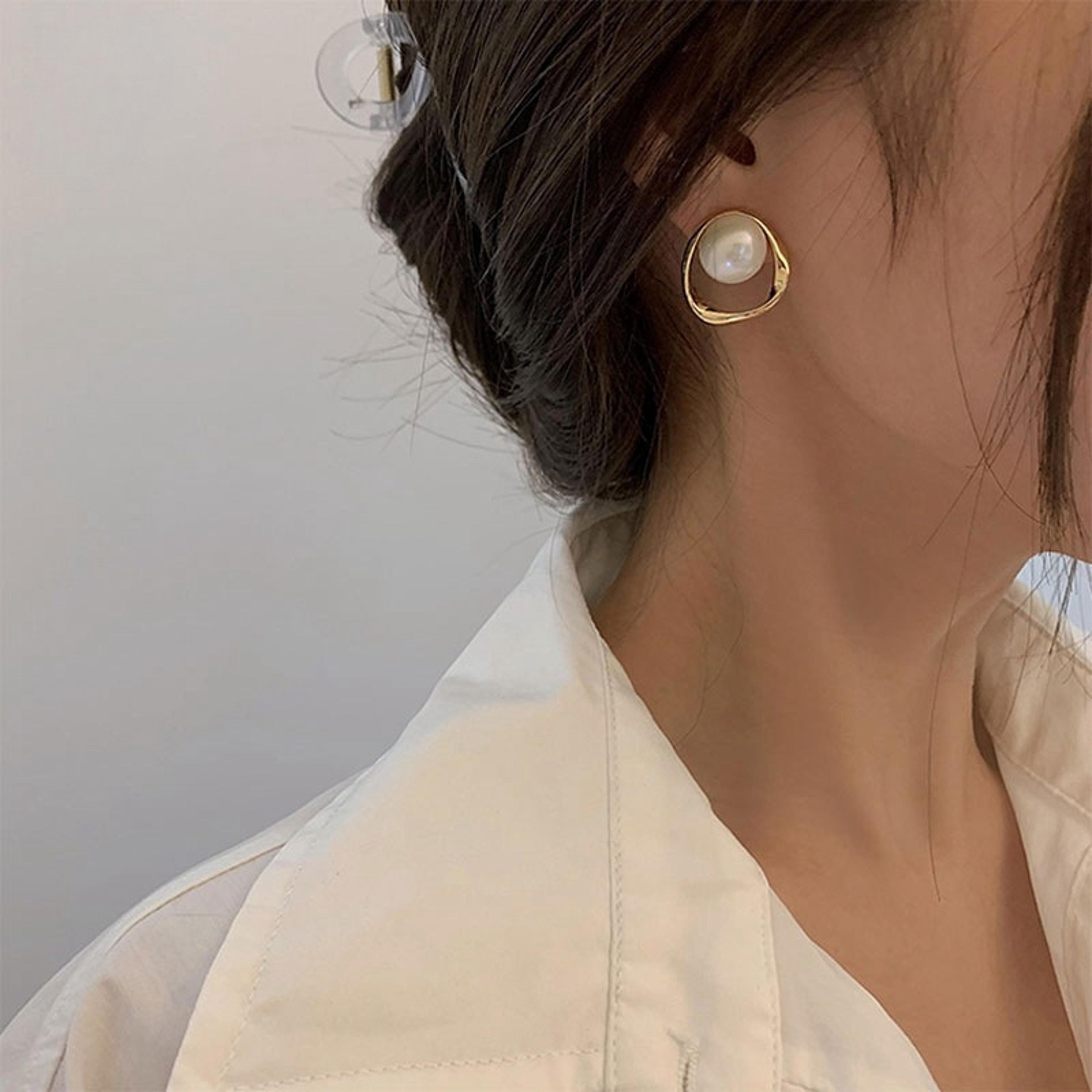 elegant pearl earrings with geometric hollow design statement bridal jewelry