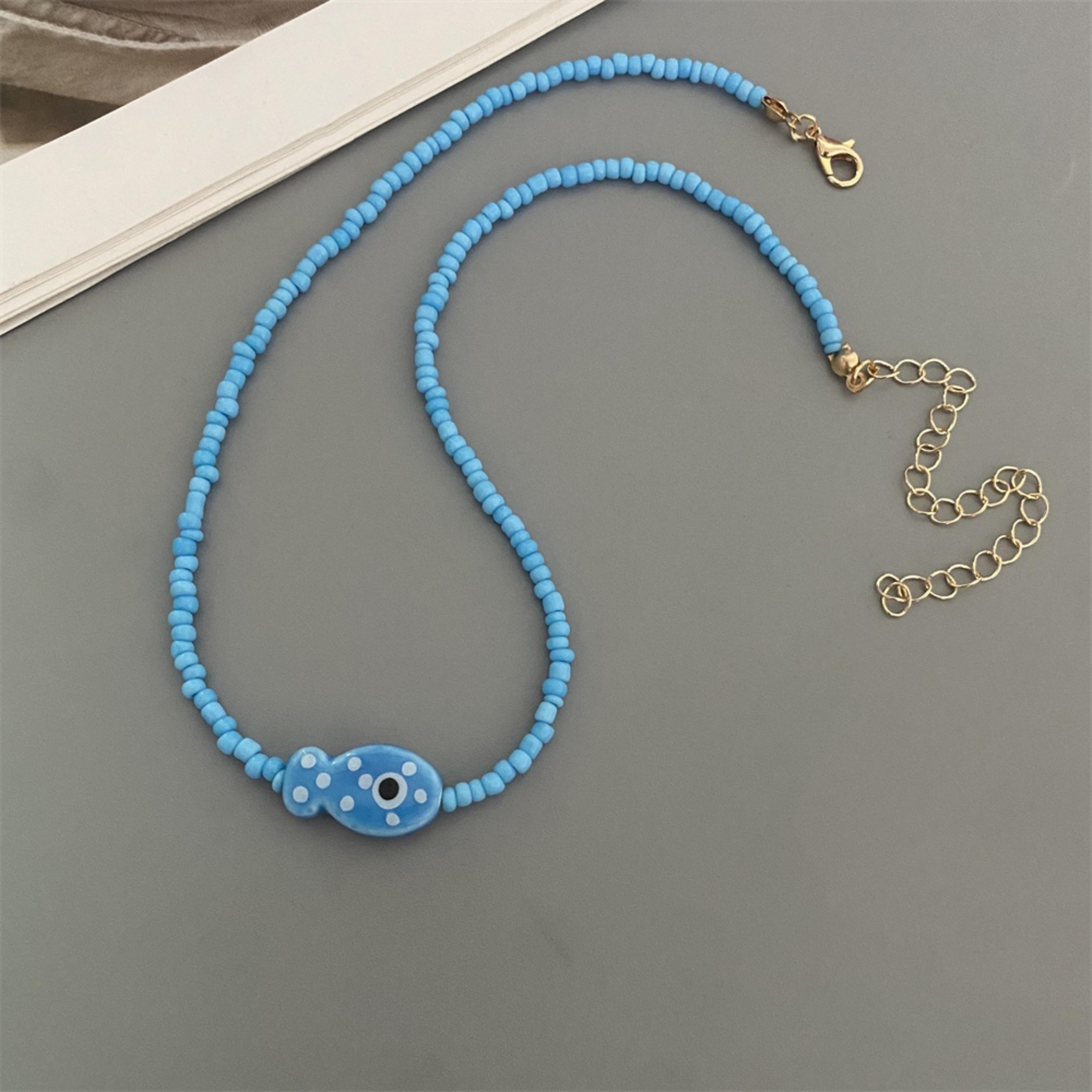 handmade fish pendant choker ceramic fish necklace with seed beads for women & girls