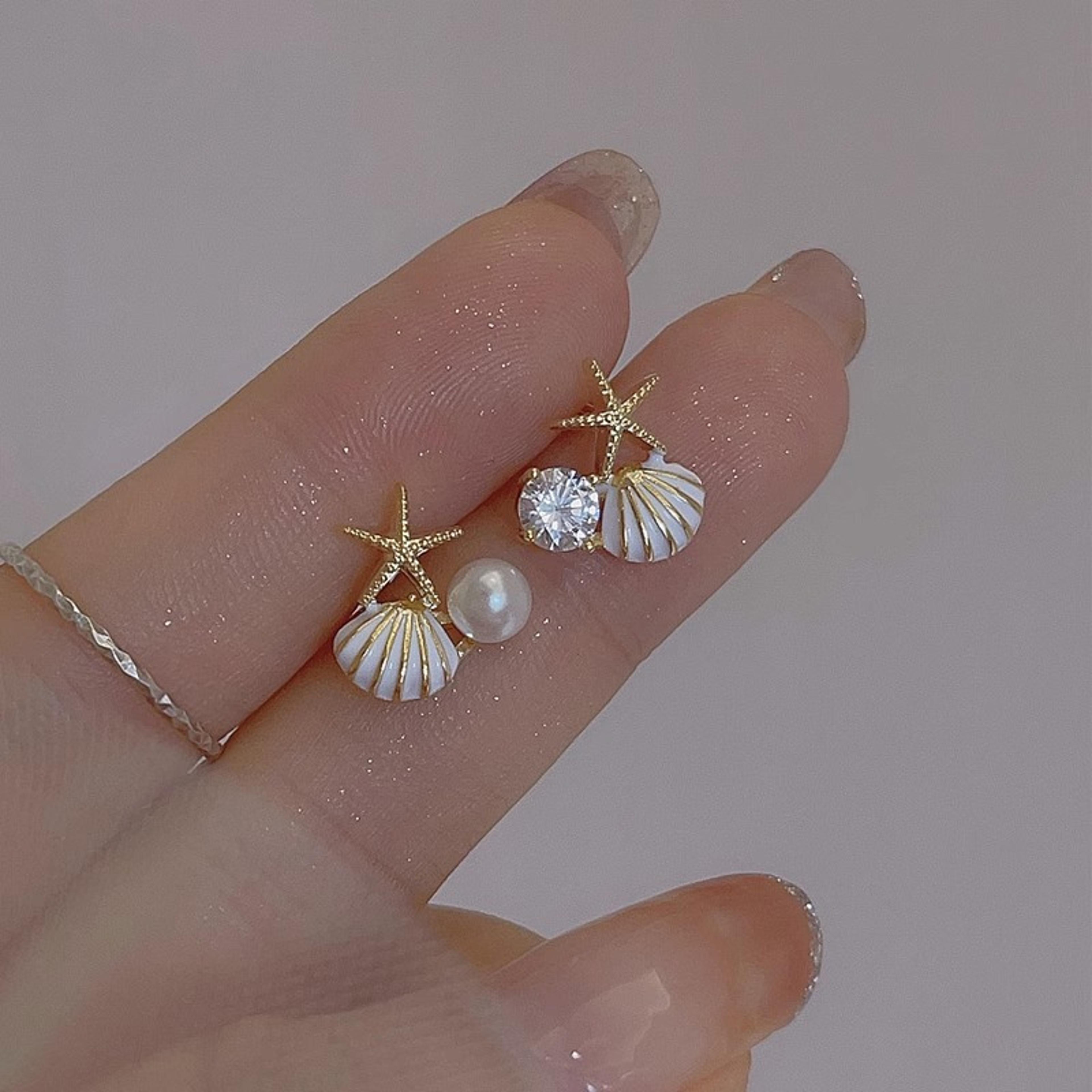 starfish stud earrings with shell & pearl charms asymmetric beach jewelry for women