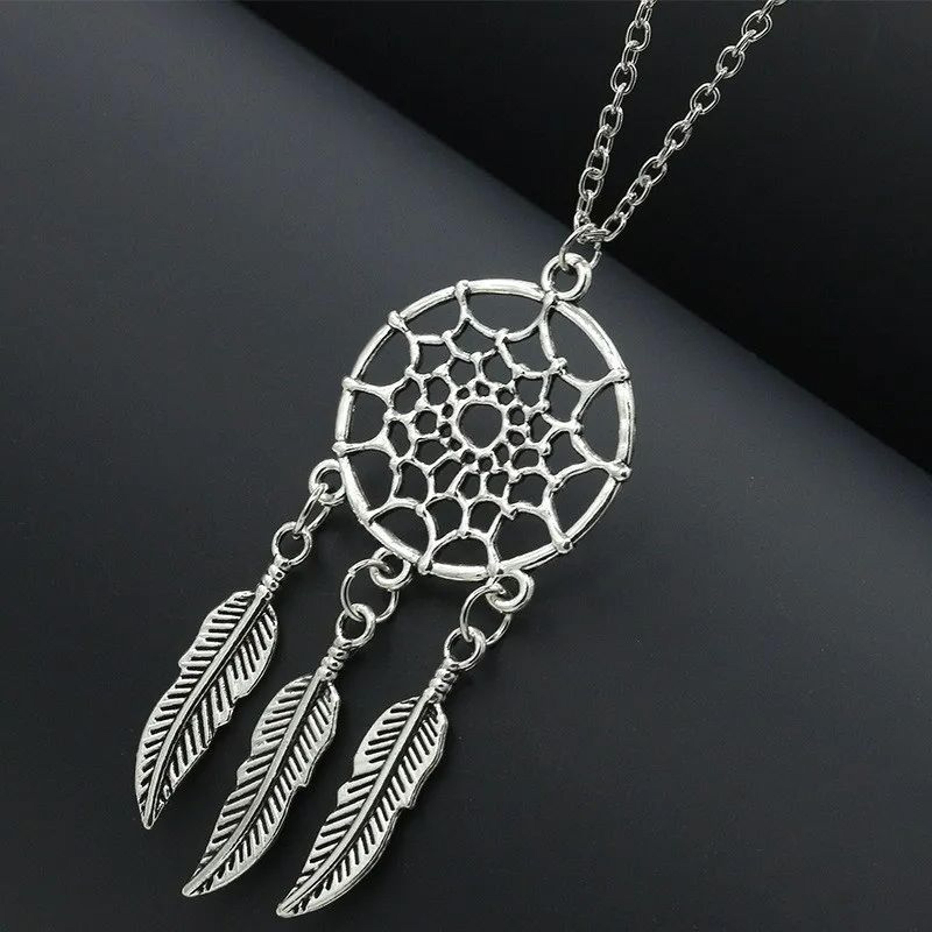 boho dreamcatcher necklace with feather & leaf pendant vintage ethnic jewelry for women
