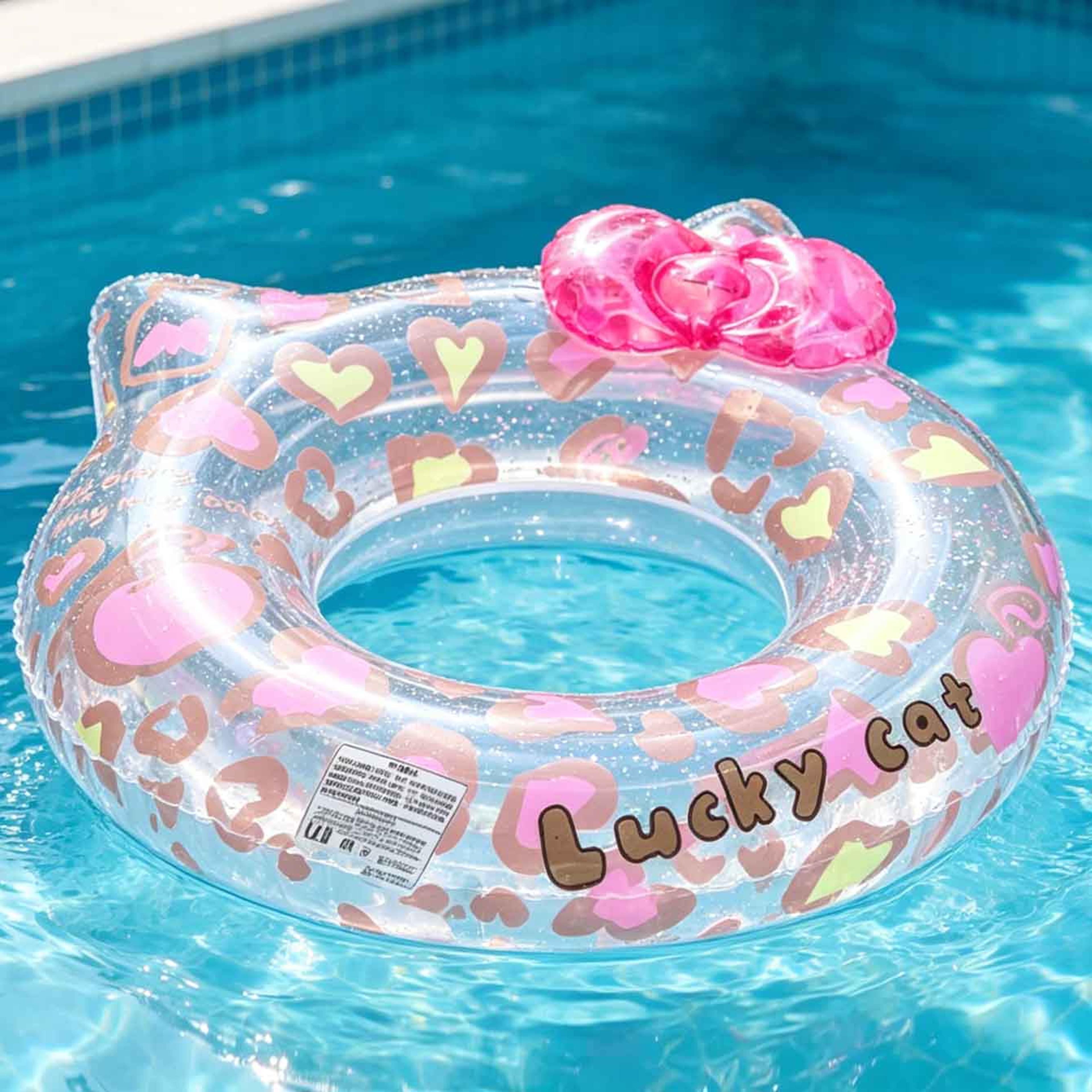 transparent cat swim ring glitter inflatable pool float with bow heart design