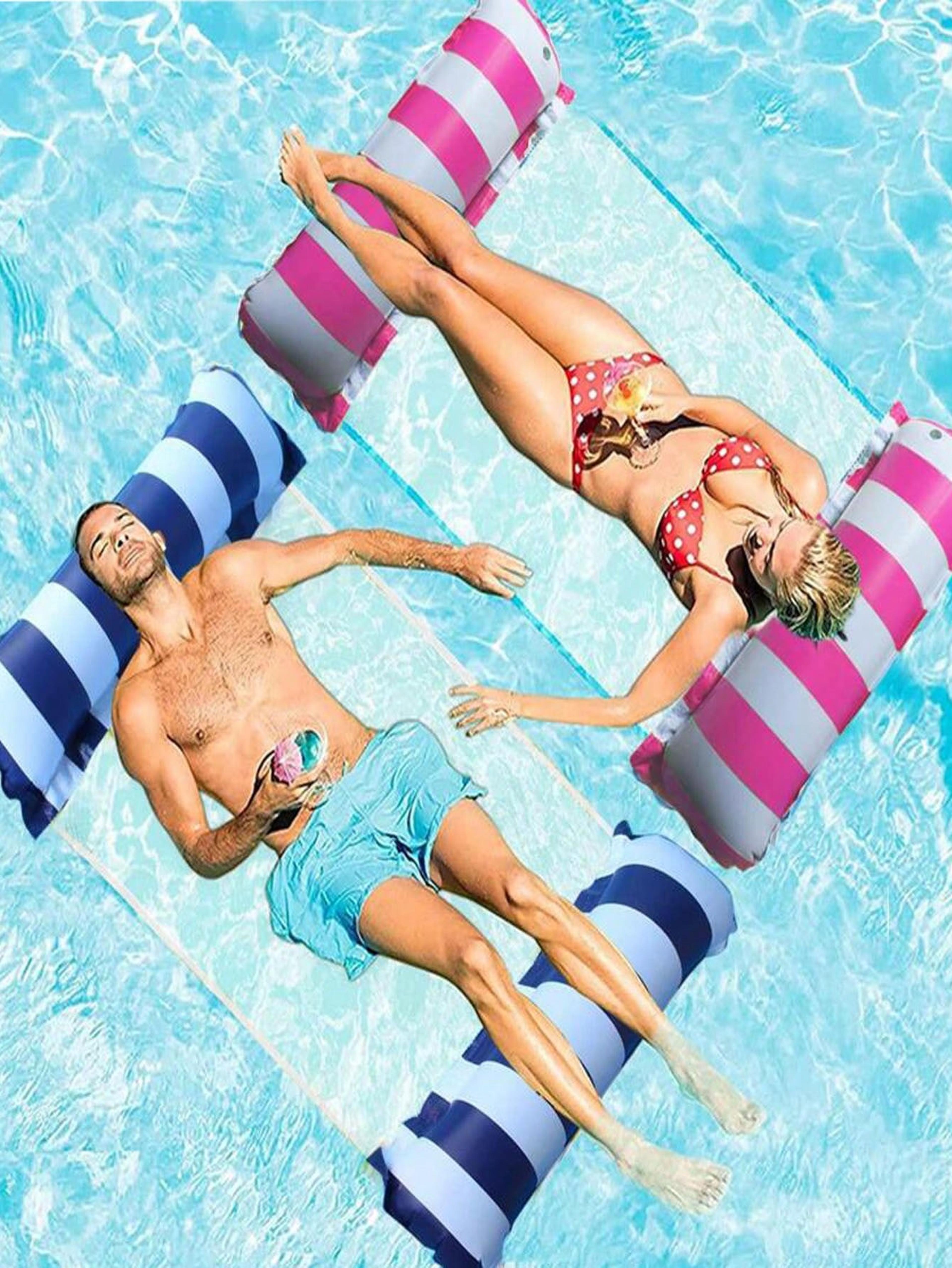 foldable striped pool lounge chair inflatable pool float with net backrest for beach & pool