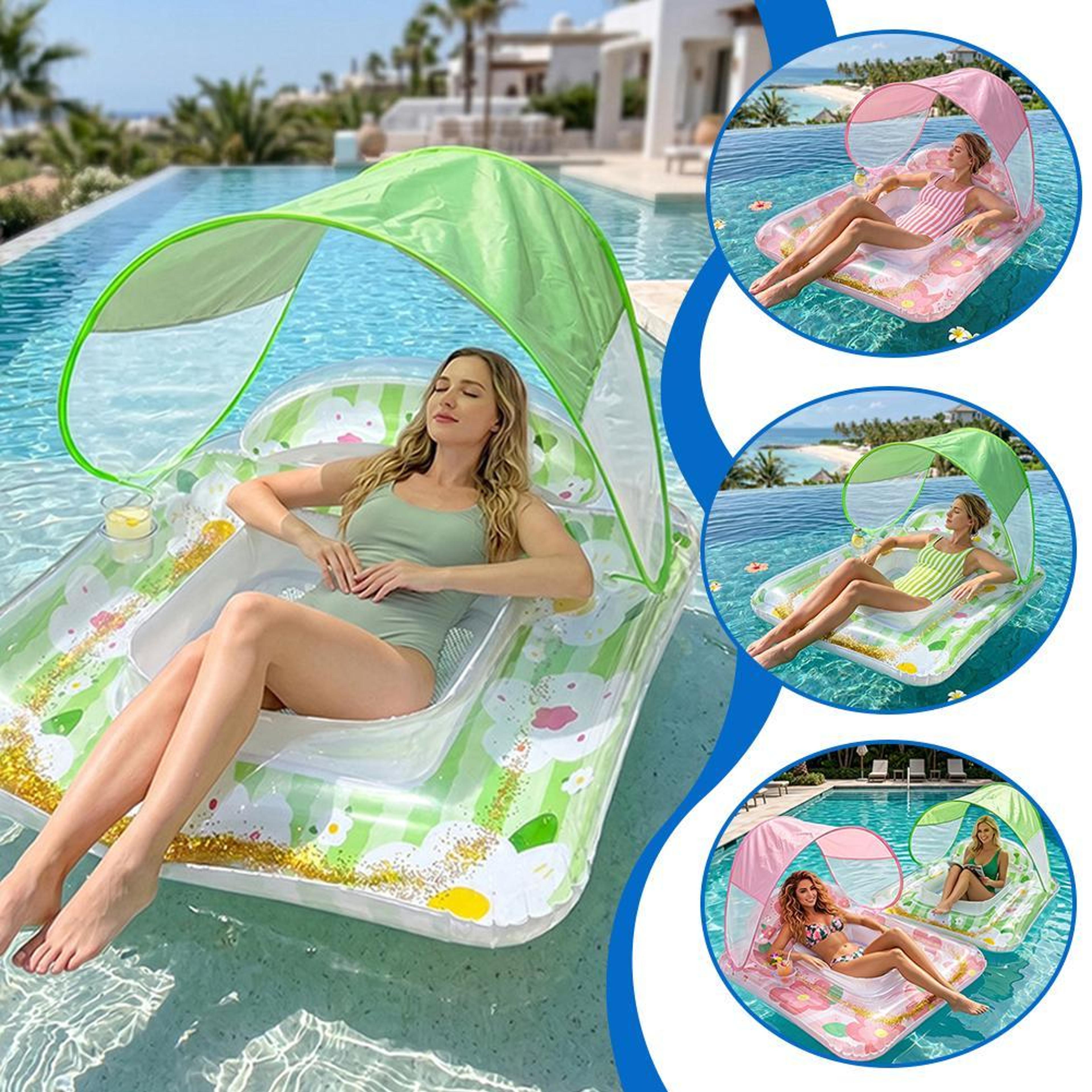 sunshade inflatable water lounge float with canopy & cup holder for pool, lake & beach relaxation