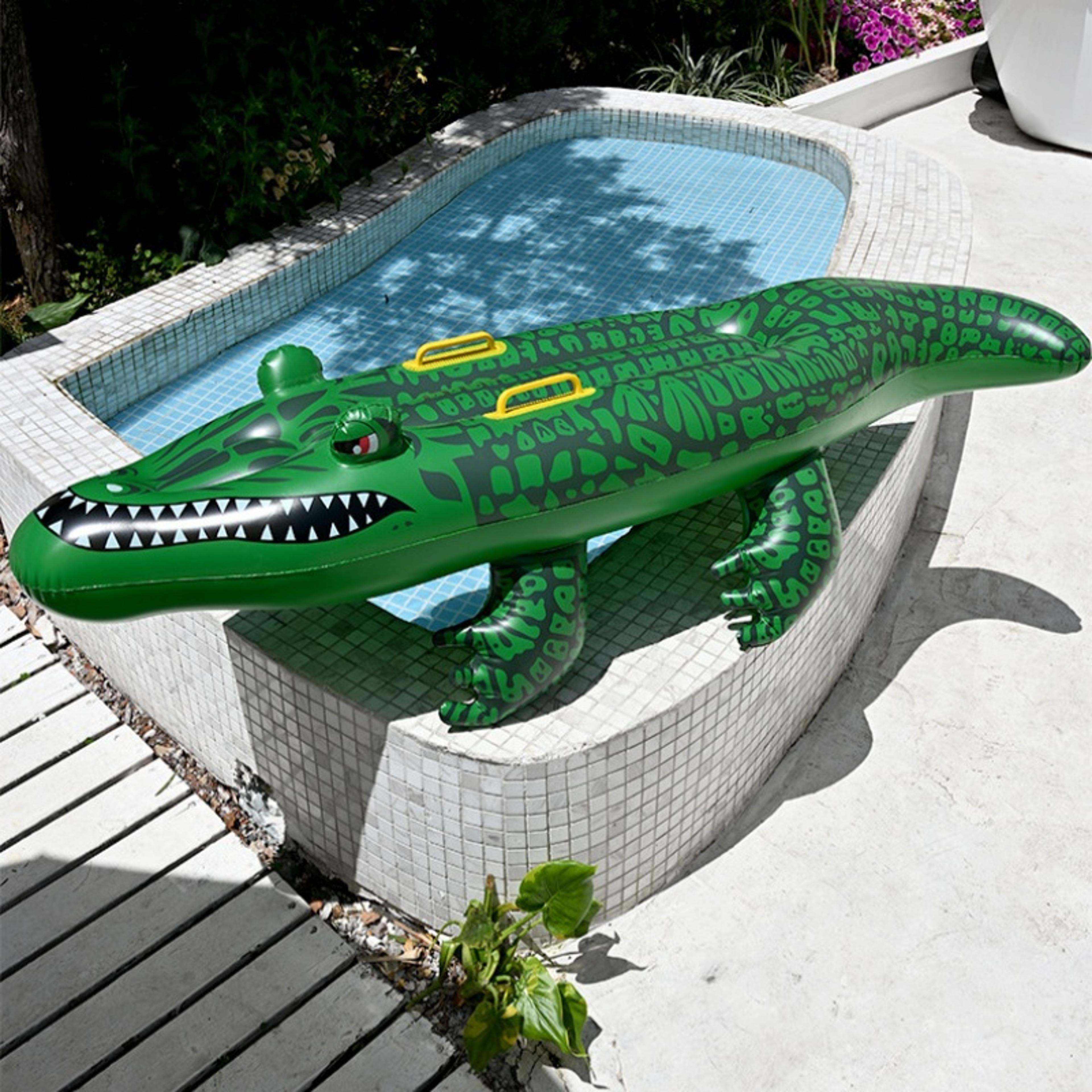 adventure crocodile pool float inflatable ride on with handles for kids & summer pool fun