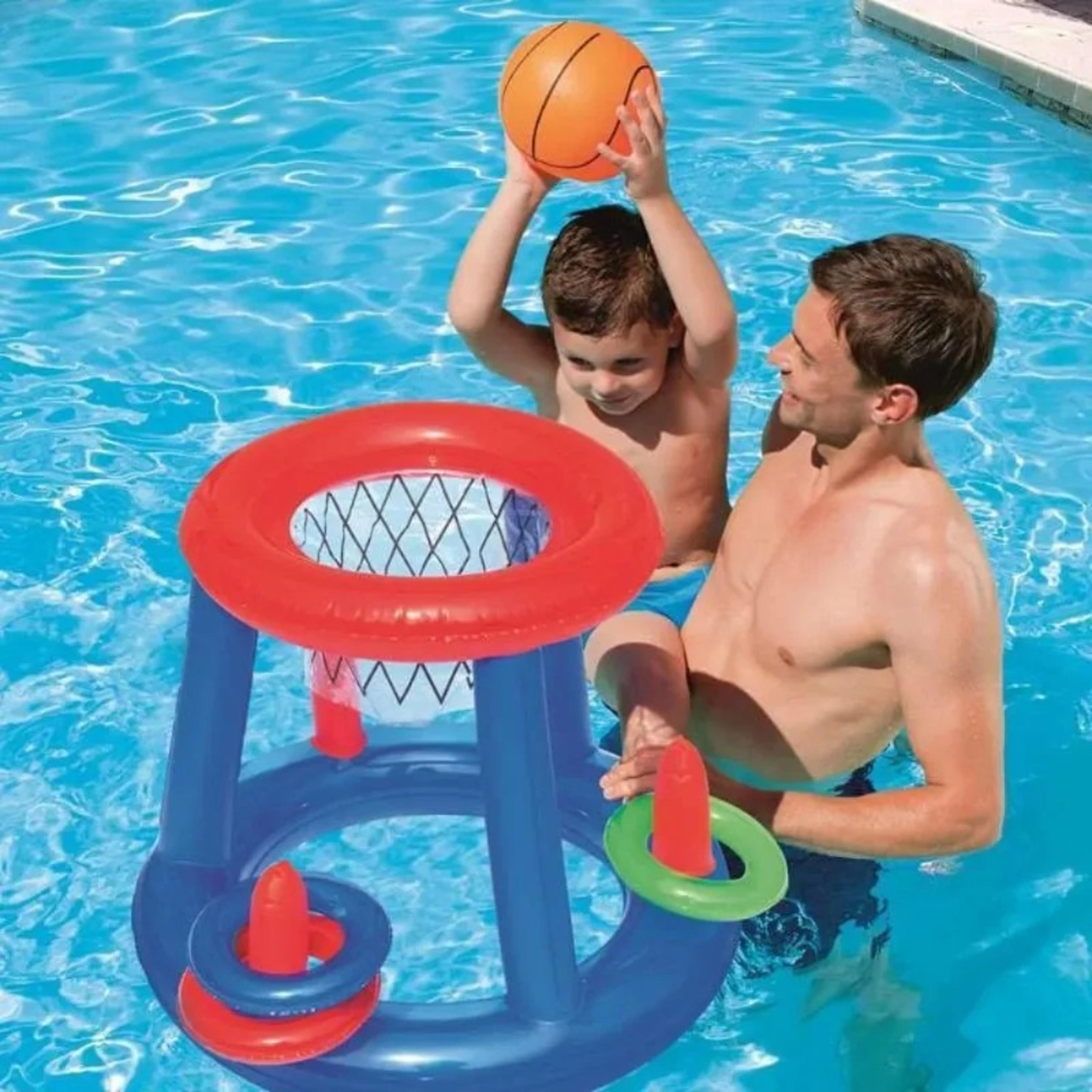 inflatable pool game set with floating basketball hoop & pool ring toss game