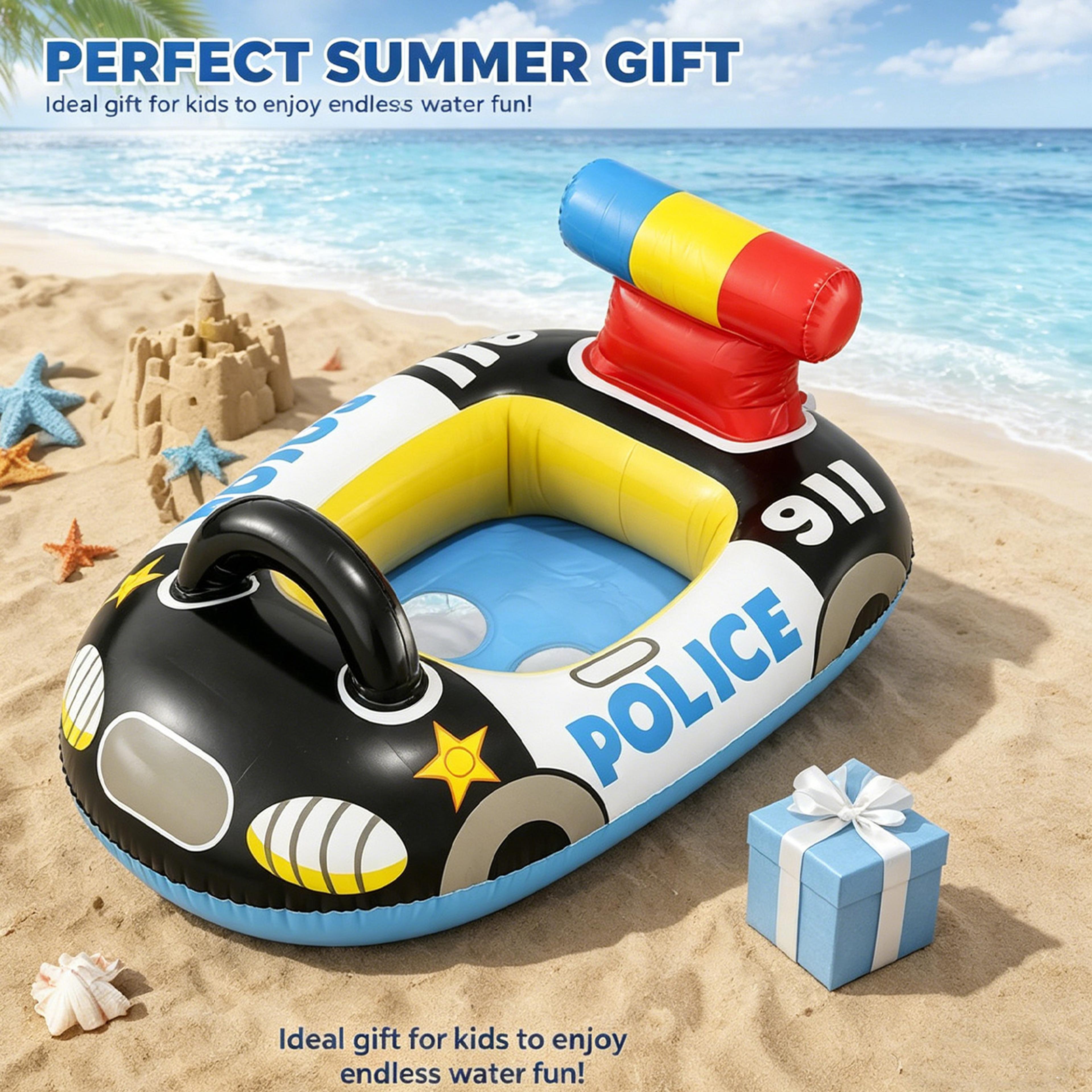 inflatable police boat pool float with backrest & handles durable pvc kids swim ring raft