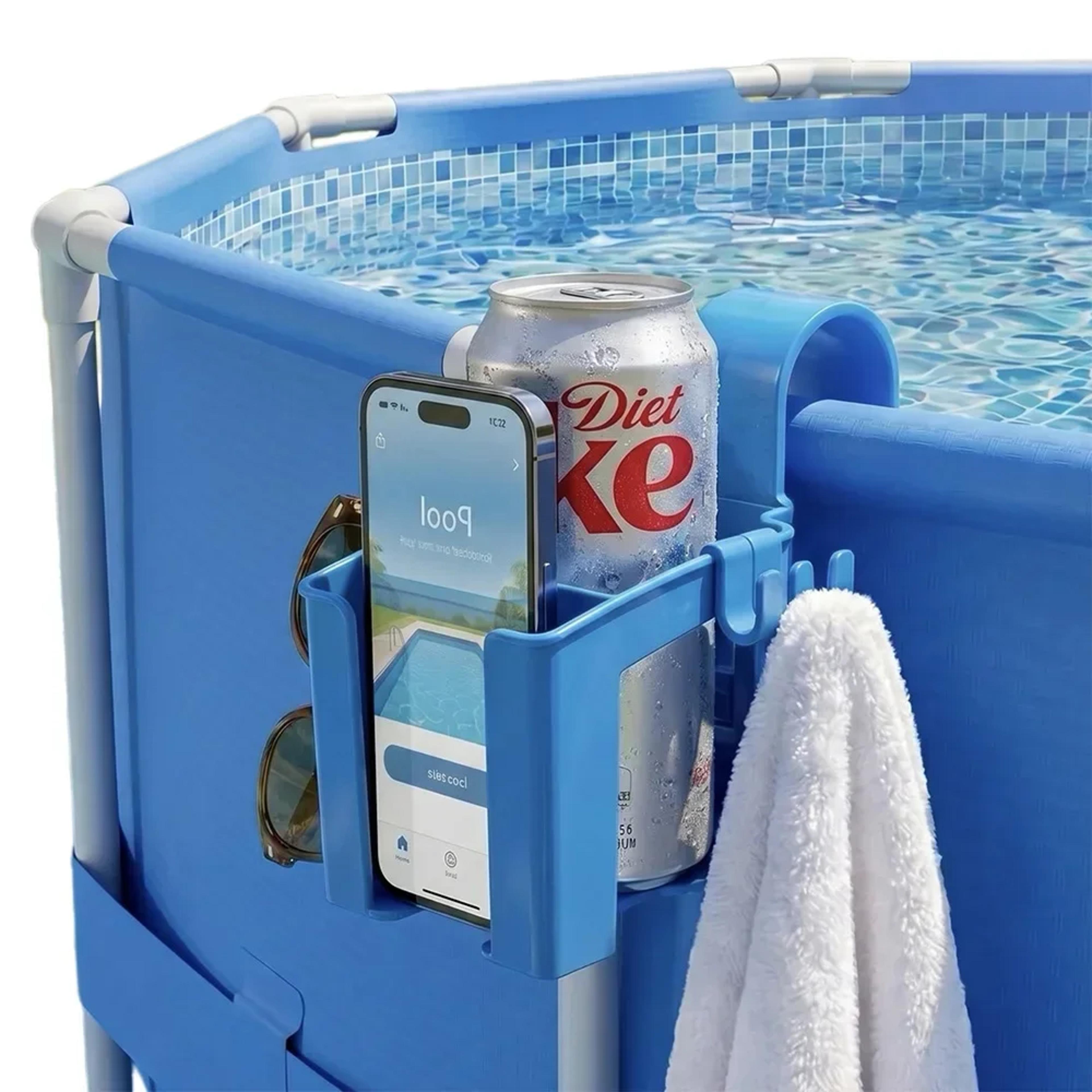 poolside storage rack with pool cup holder & phone organizer