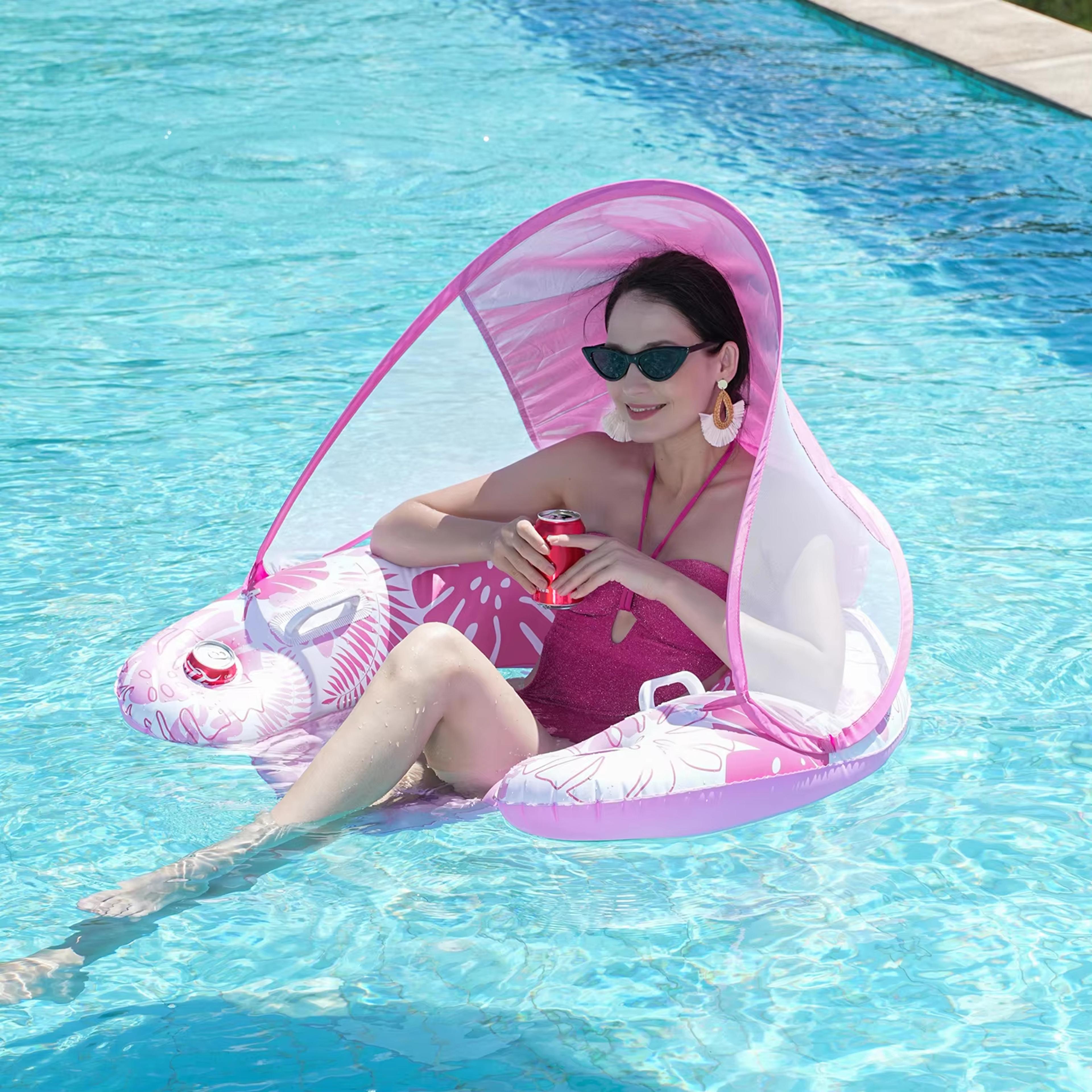 inflatable pool float with canopy & cup holders adult pool lounge chair floating recliner
