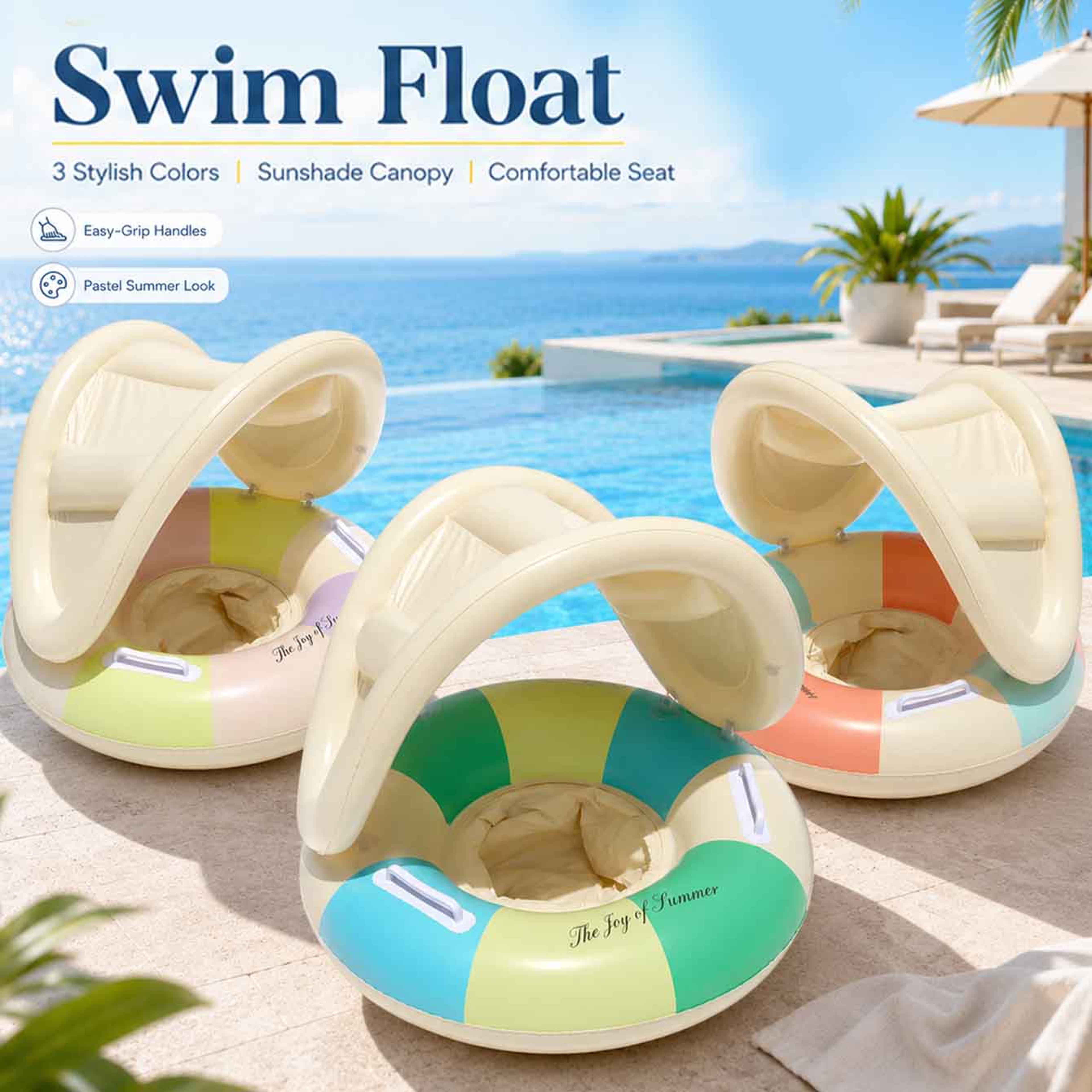 inflatable swim float with canopy sunshade & easy grip handles for pool and beach fun