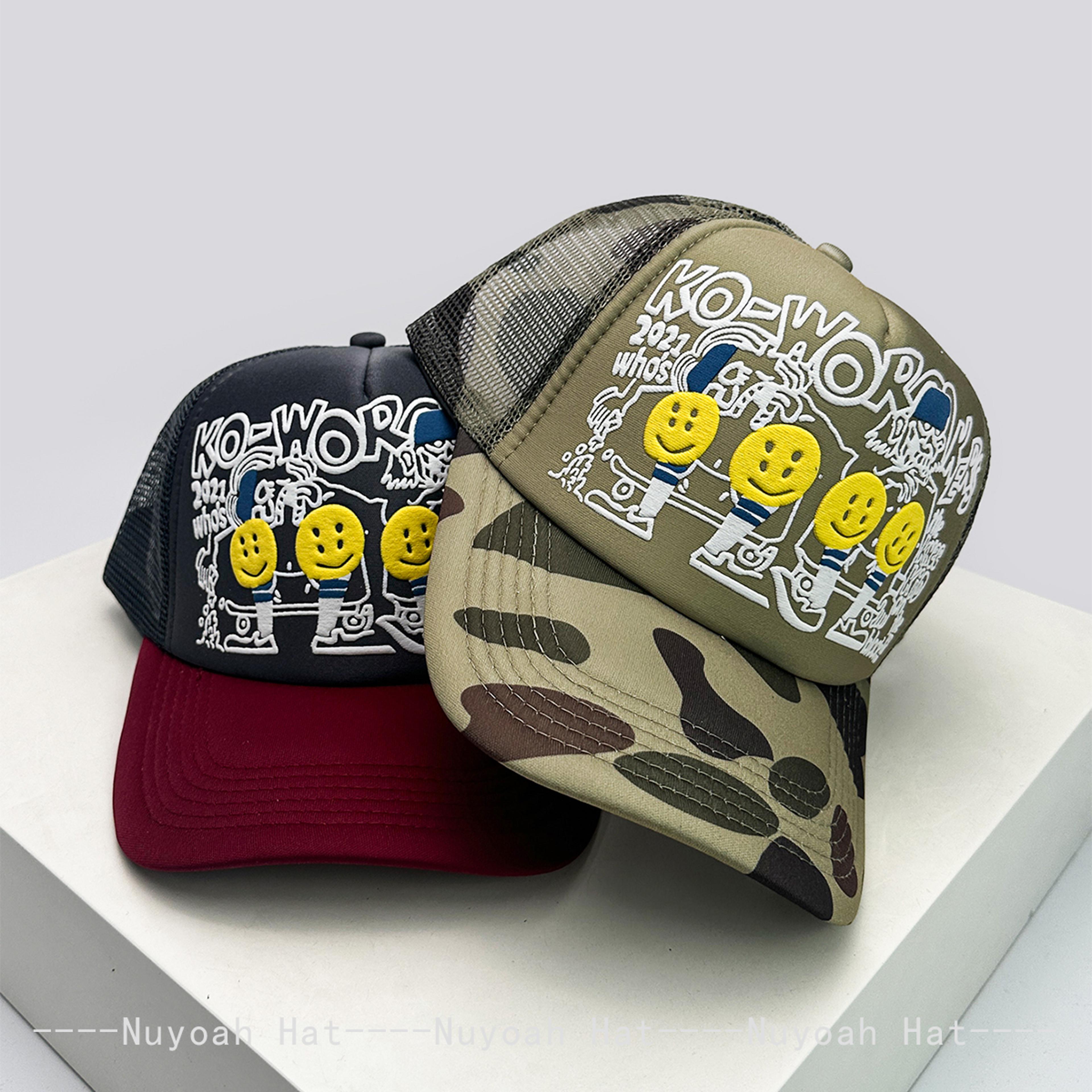smiley face mesh trucker hat unisex color block baseball cap with adjustable snapback