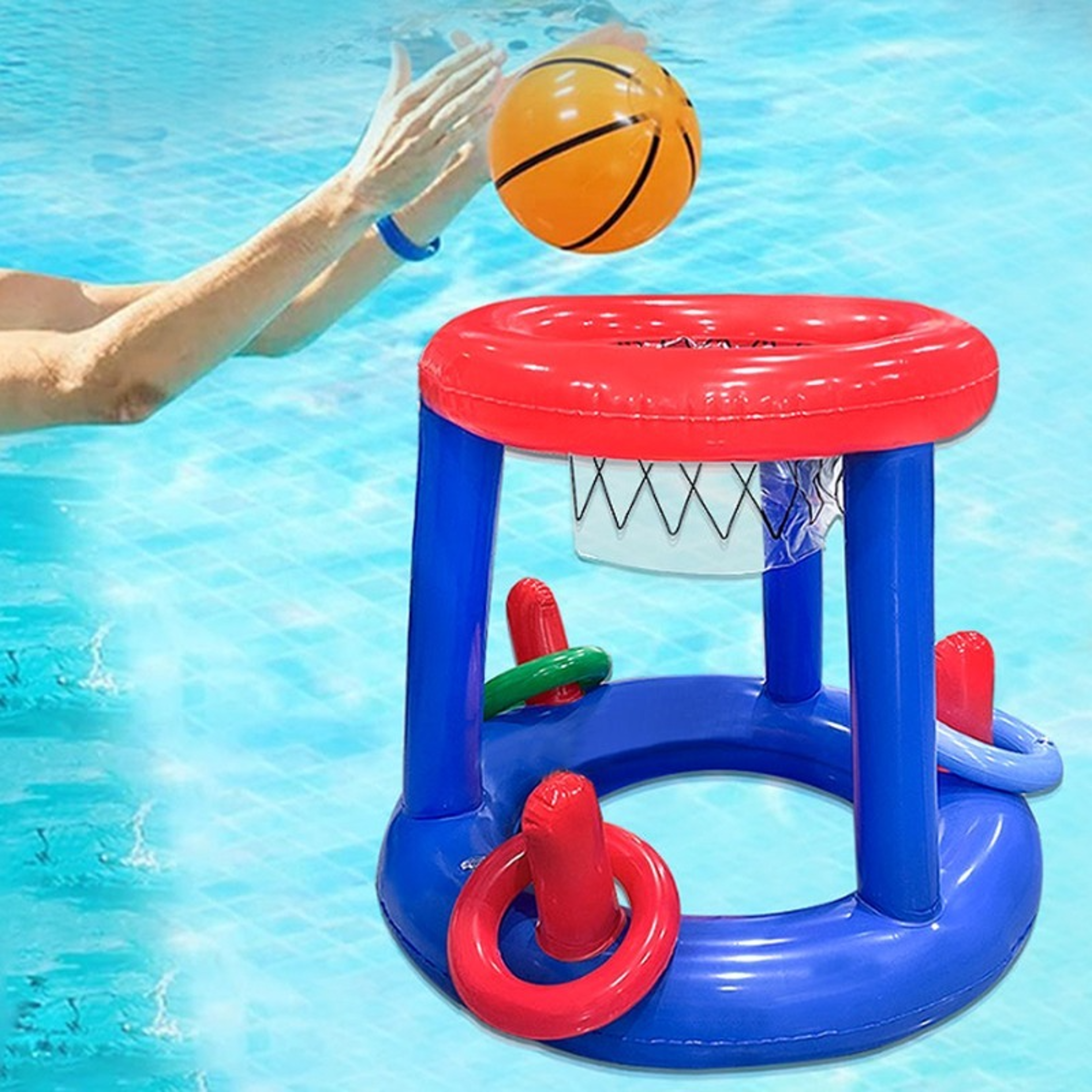 splashplay inflatable pool game basketball hoop & ring toss set