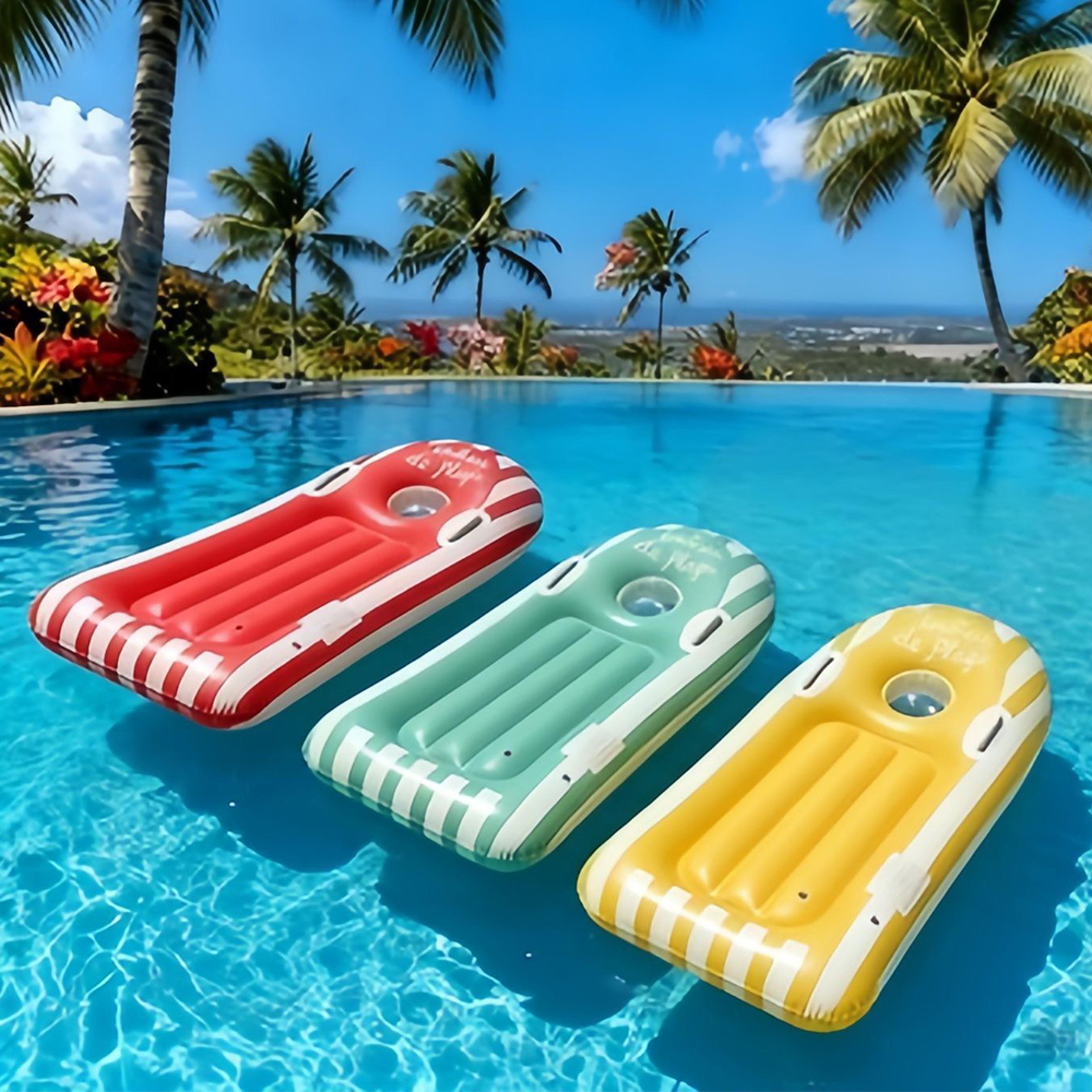 striped inflatable pool float with cup holder surfboard style pool lounge mat