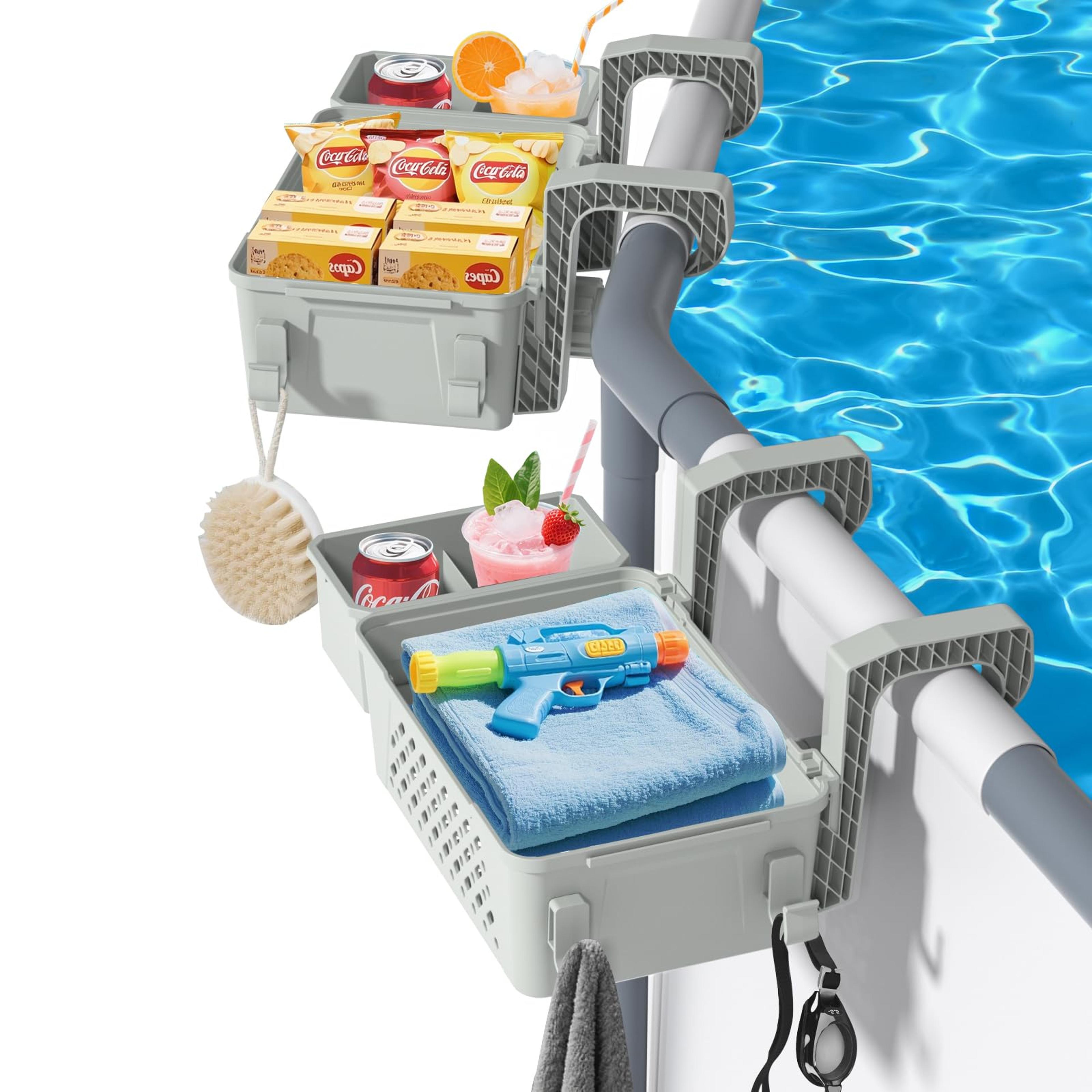 adjustable pool side organizer with cup holder & towel hooks for above ground pools