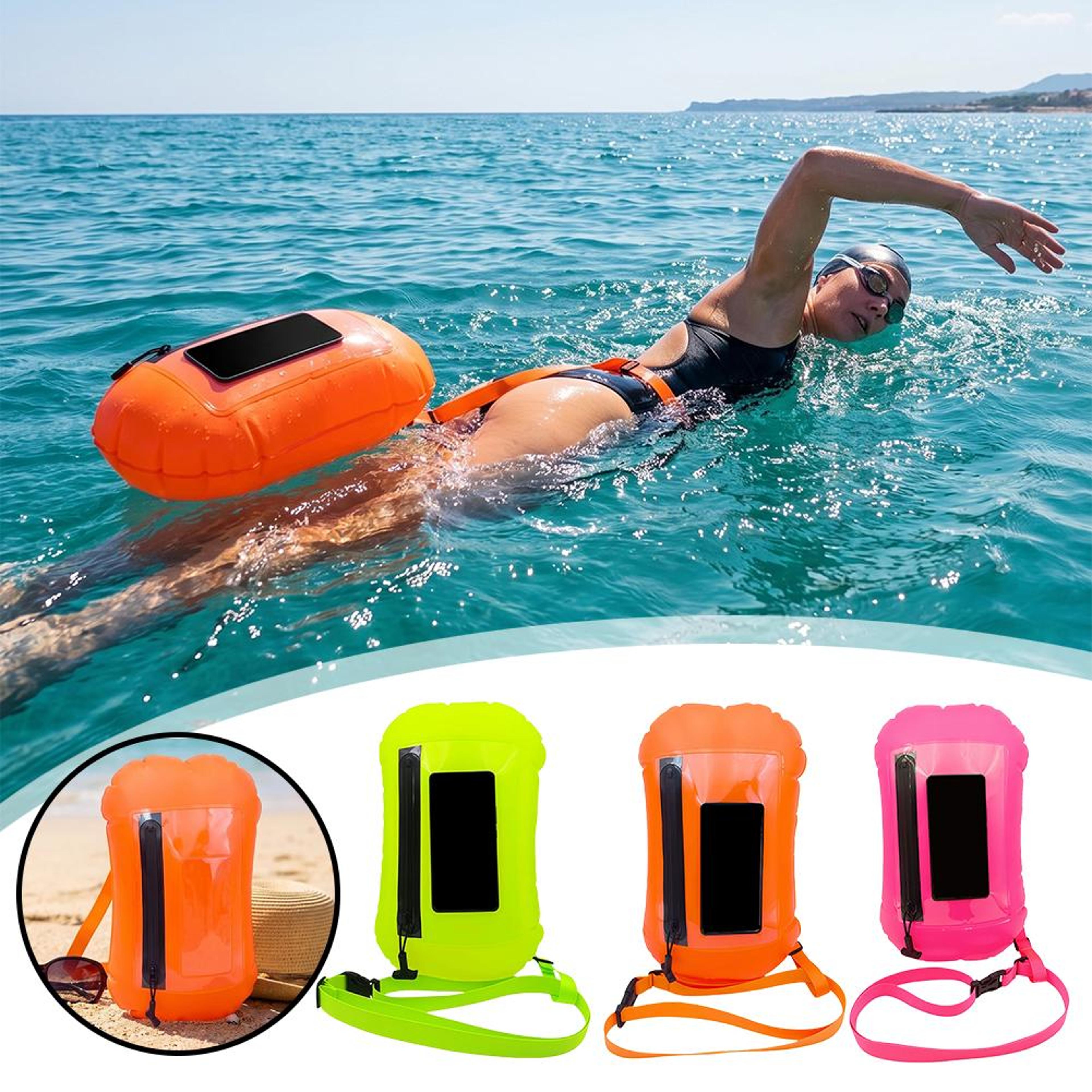floating swim buoy waterproof dry bag with phone window & adjustable waist belt