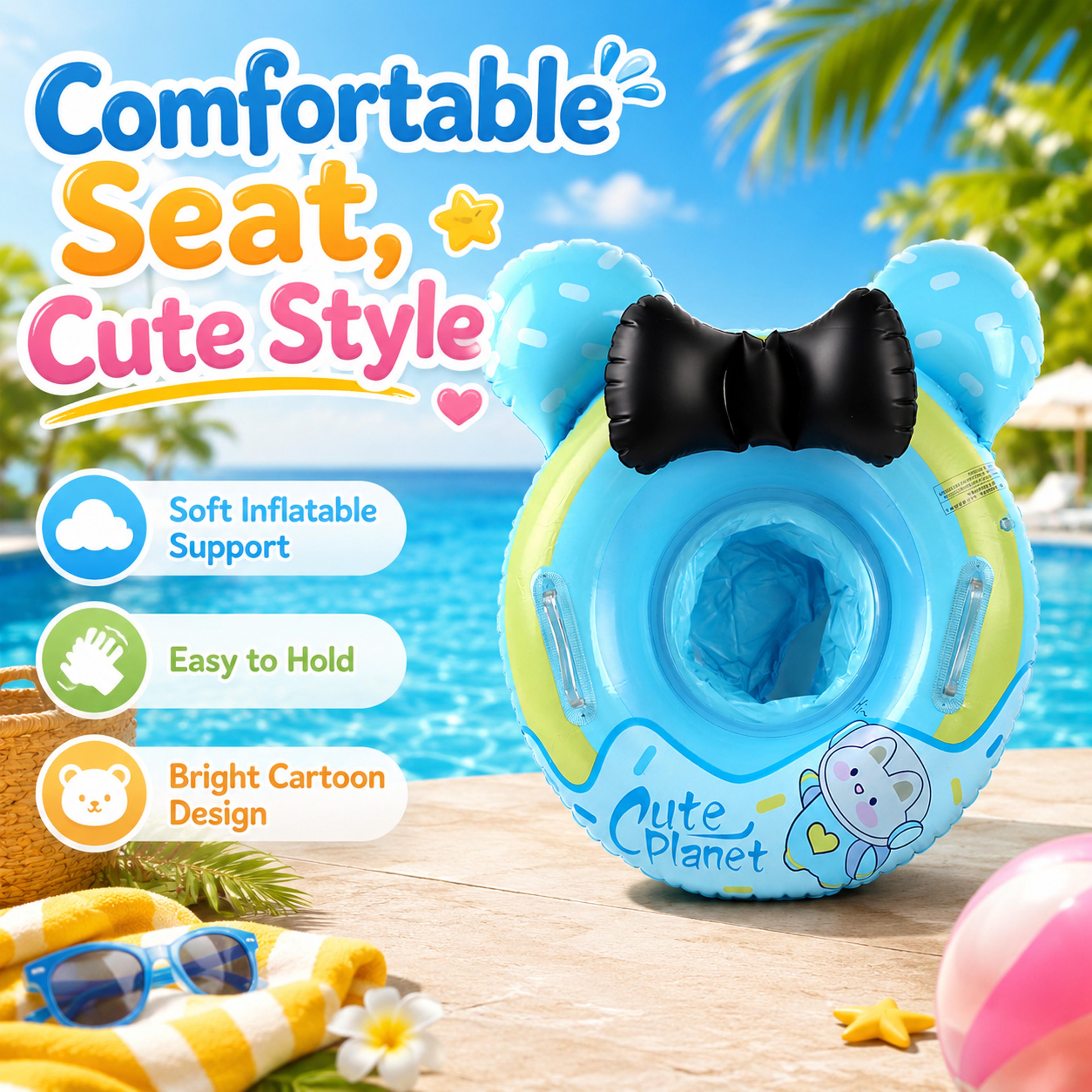 cute planet inflatable swim seat with backrest & handles pool float with backrest for kids summer fun