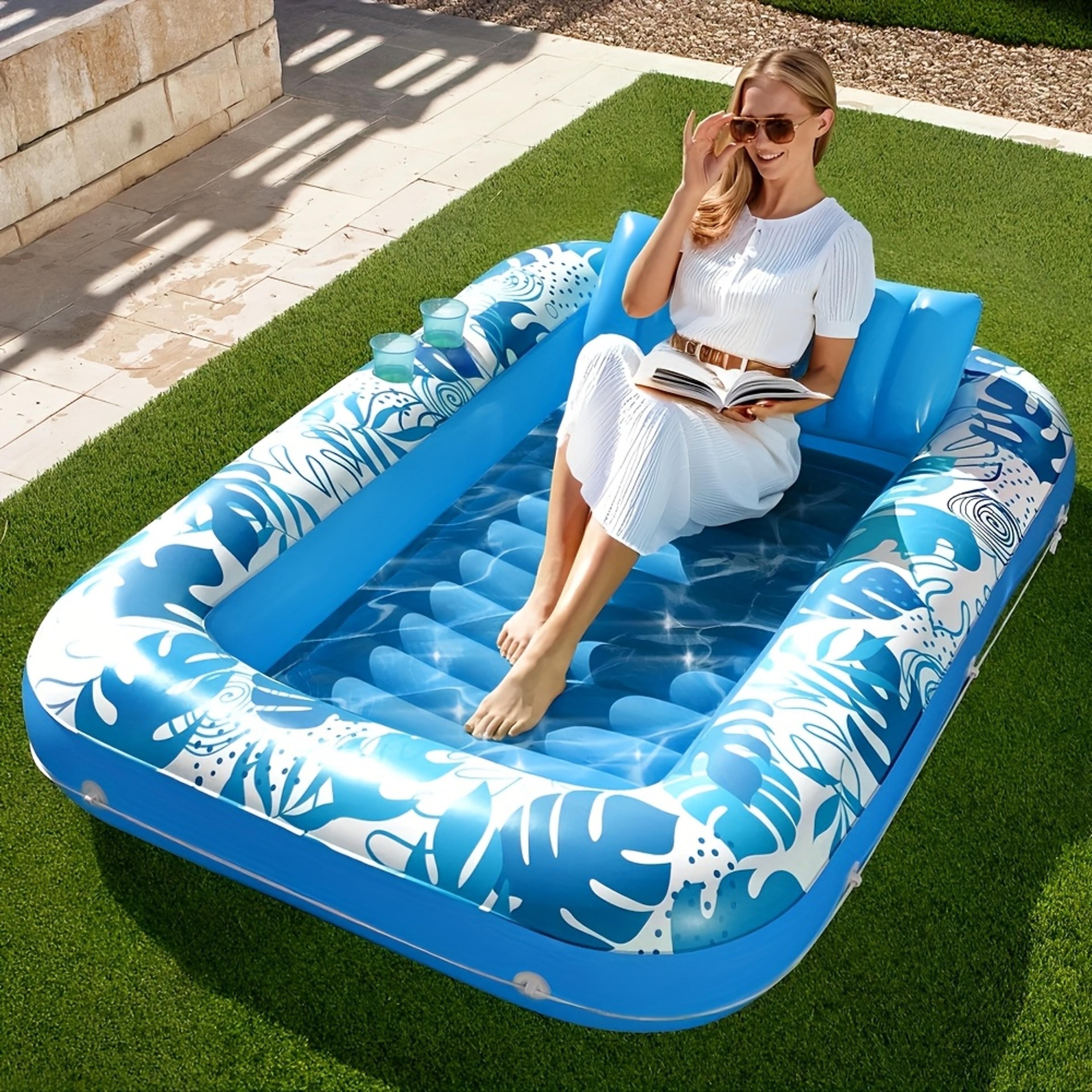 inflatable tanning pool float with pillow & cup holders adult pool lounger suntan tub