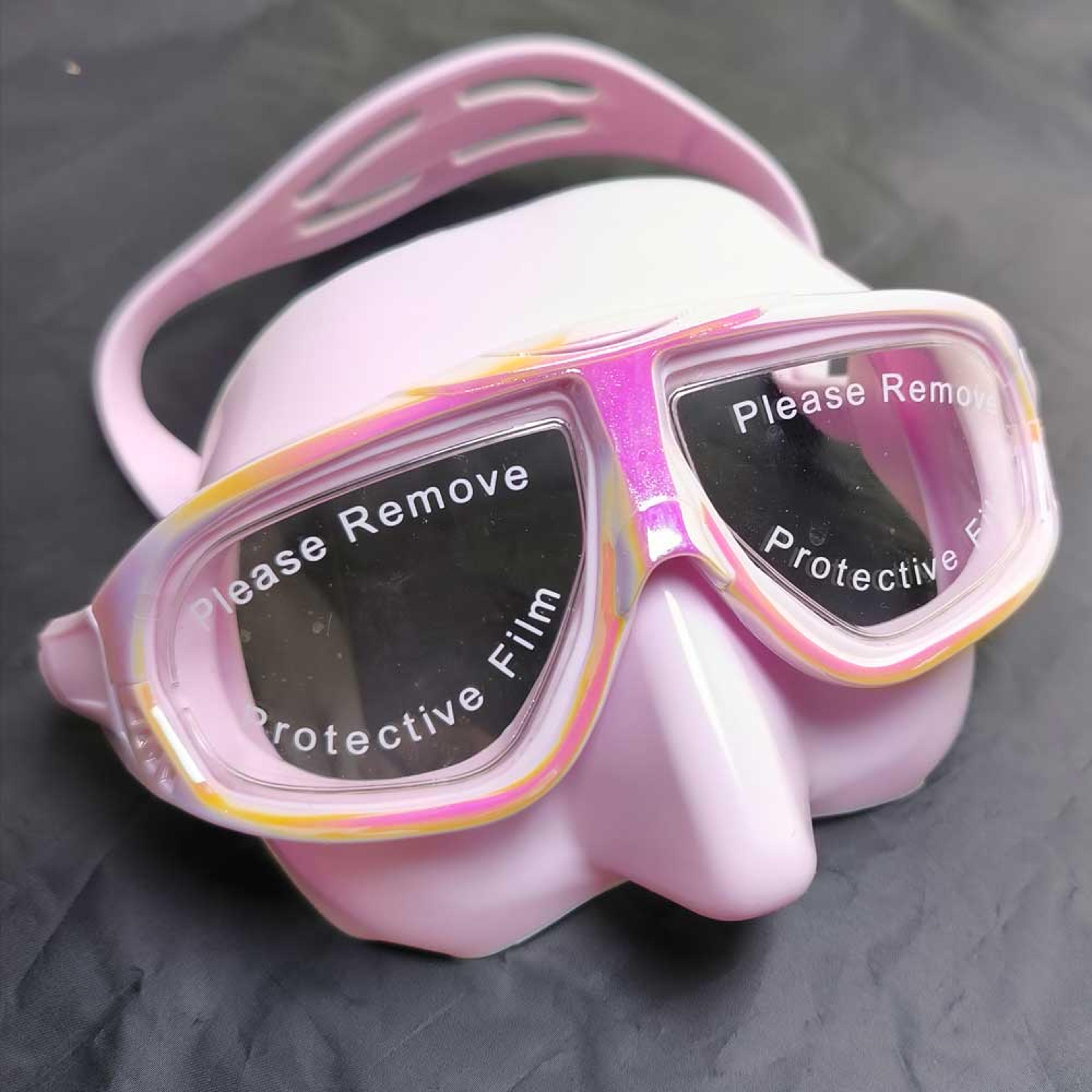 iridescent freediving mask with tempered glass lens & soft silicone low volume design