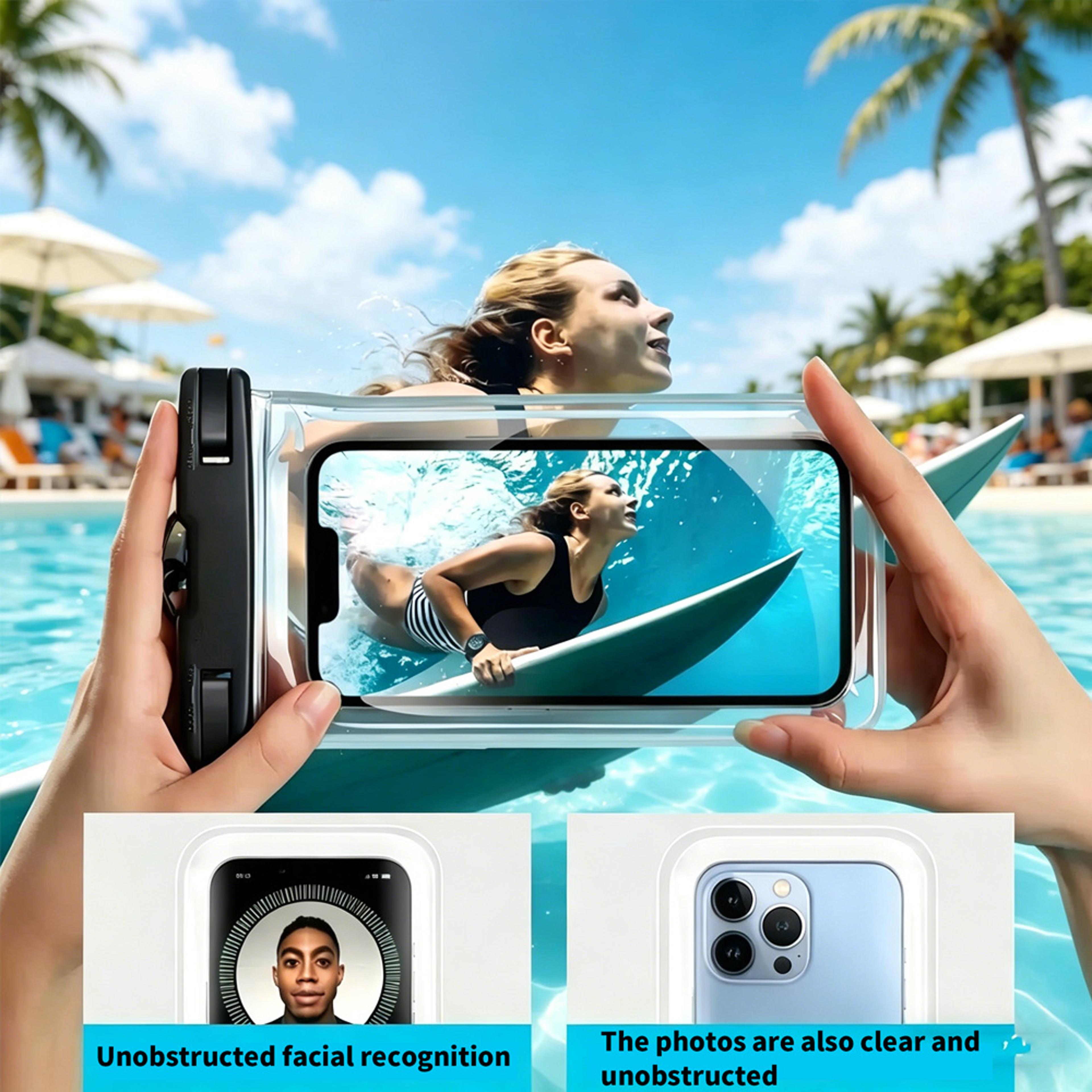 floating waterproof phone pouch with touch screen, airbag float design & secure lanyard for beach and water sports