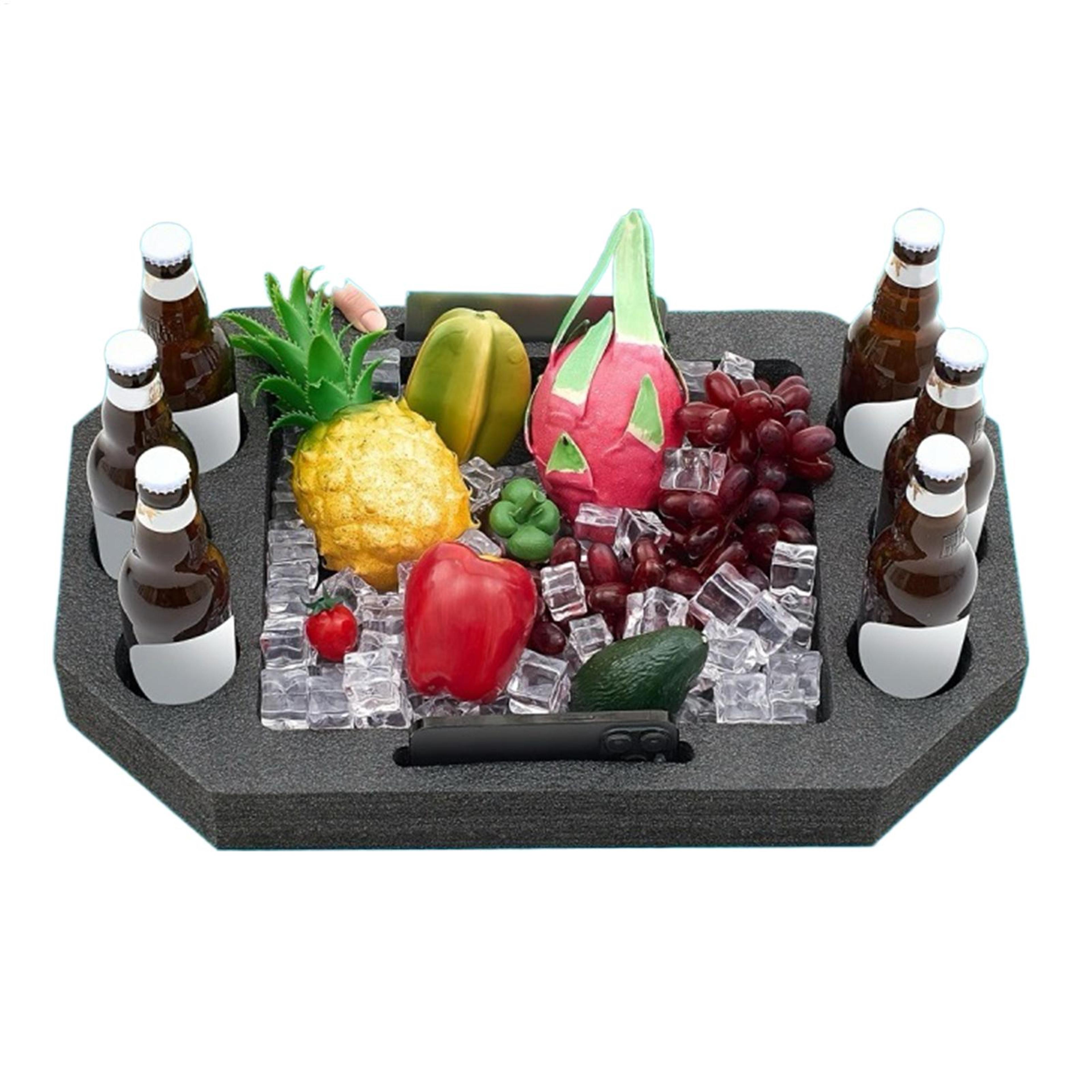 large floating pool tray with built in dividers & pool drink holder for snacks and beverages