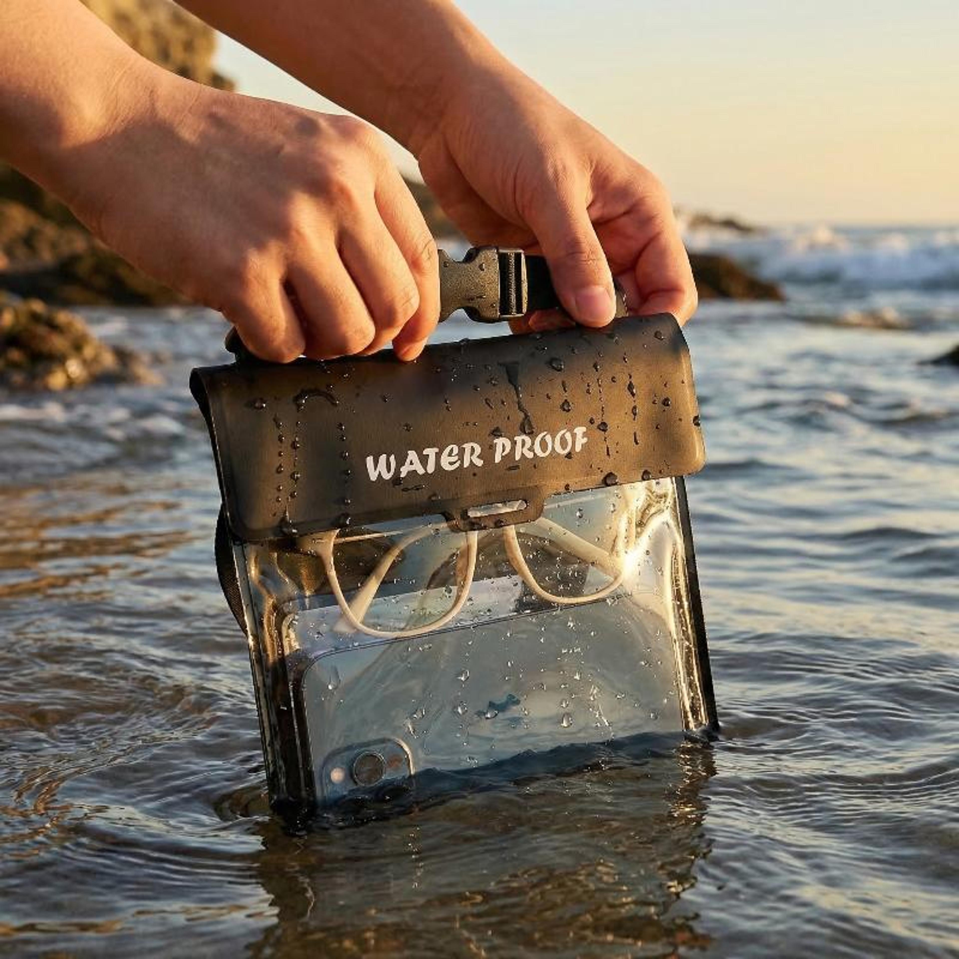 large waterproof phone pouch with secure lock seal for swimming, beach & outdoor adventures