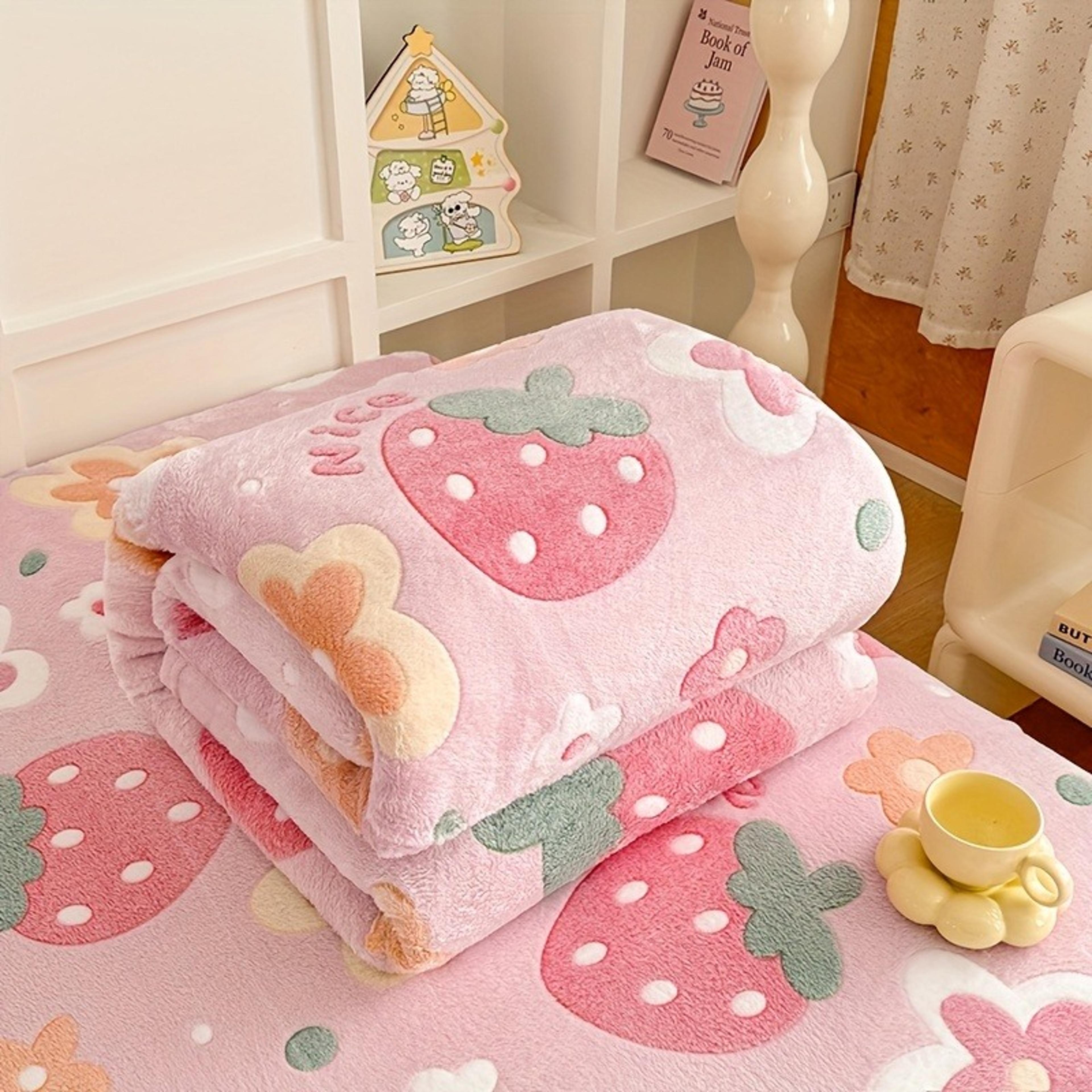 cozy flannel throw blanket with strawberry floral print soft fleece, machine washable all season throw
