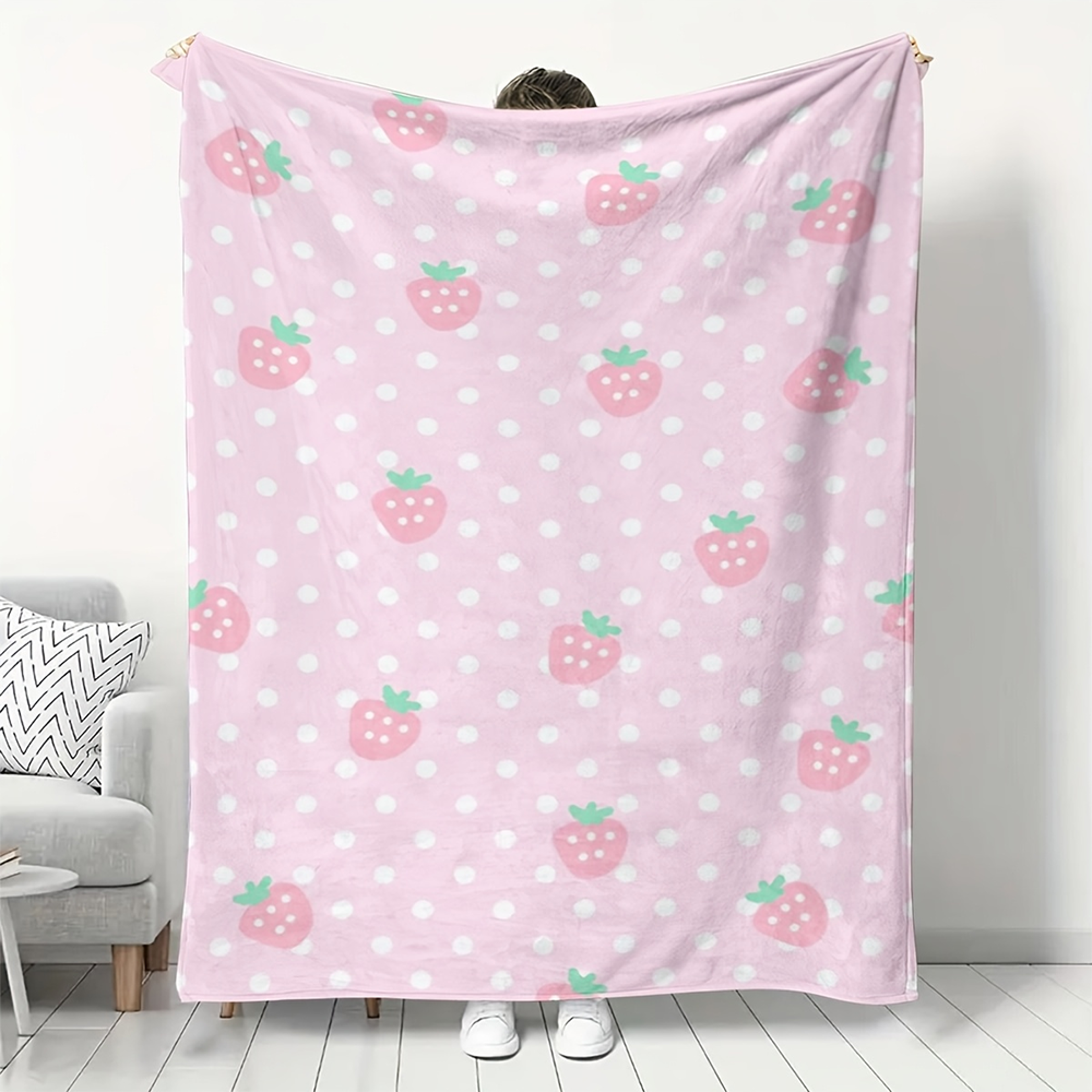 cute strawberry flannel throw blanket soft pink kawaii fleece blanket for couch, bed & dorm