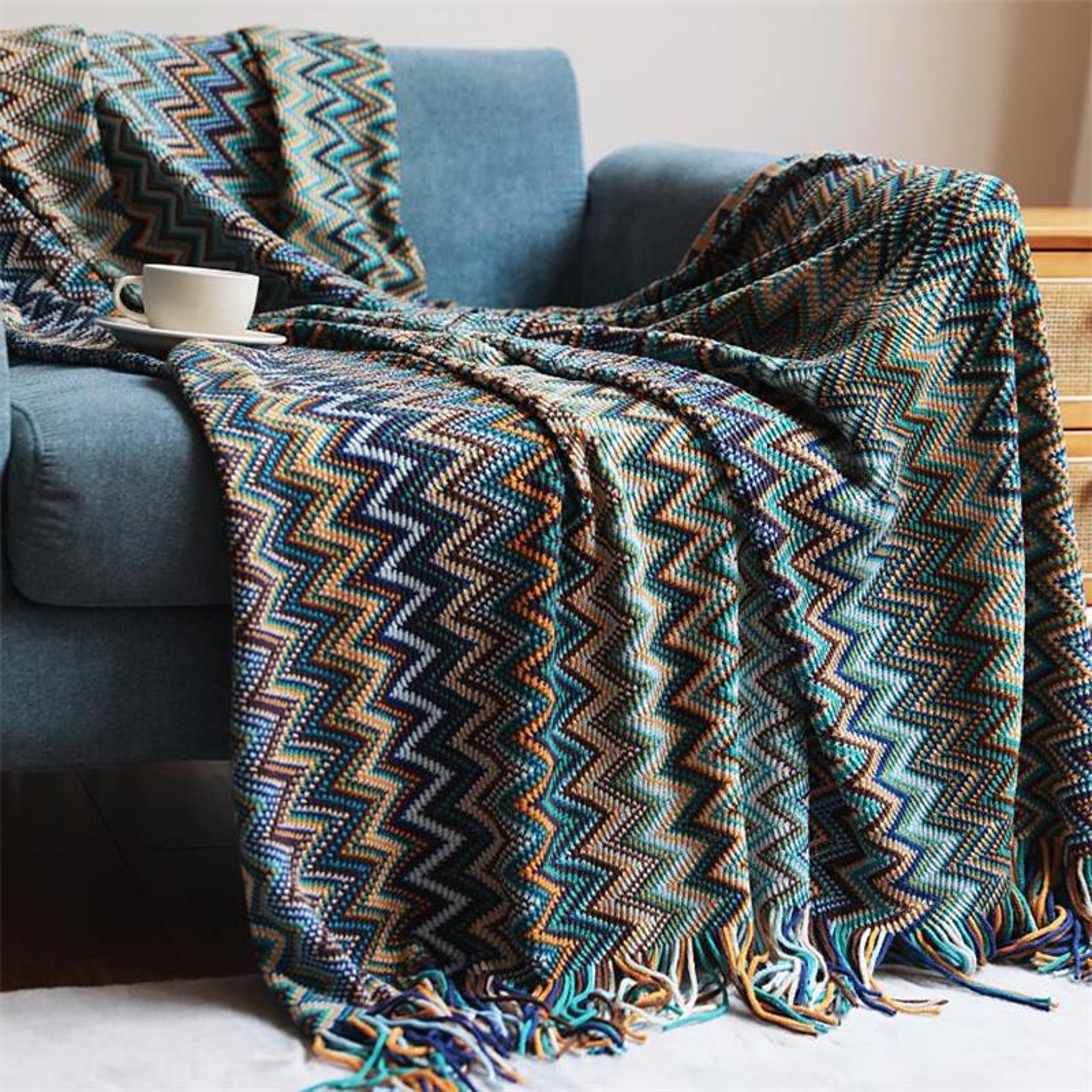 boho throw blanket soft knitted blanket with tassels, lightweight acrylic summer throw