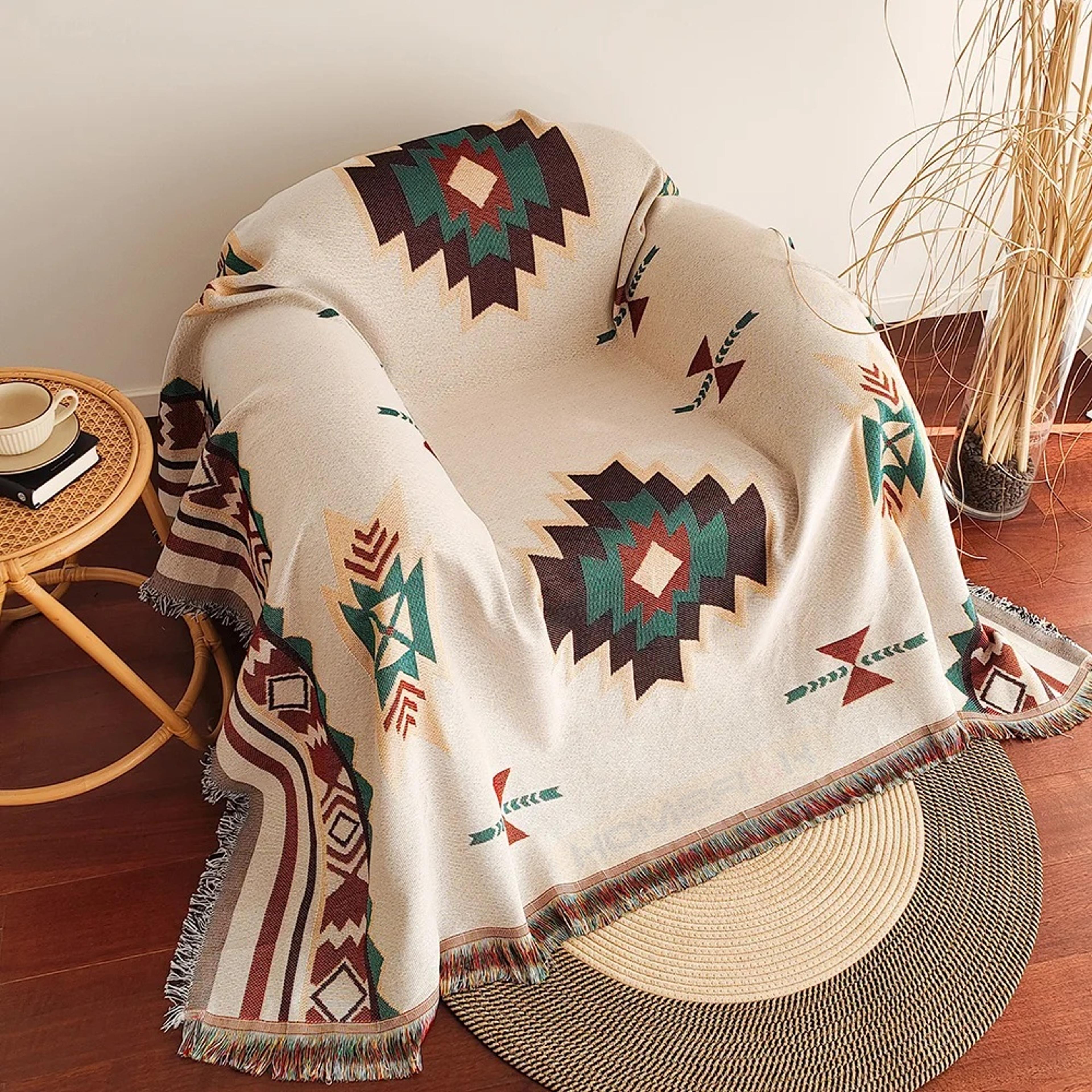 oversized aztec throw blanket with fringe boho woven southwestern tapestry for sofa, bed & travel