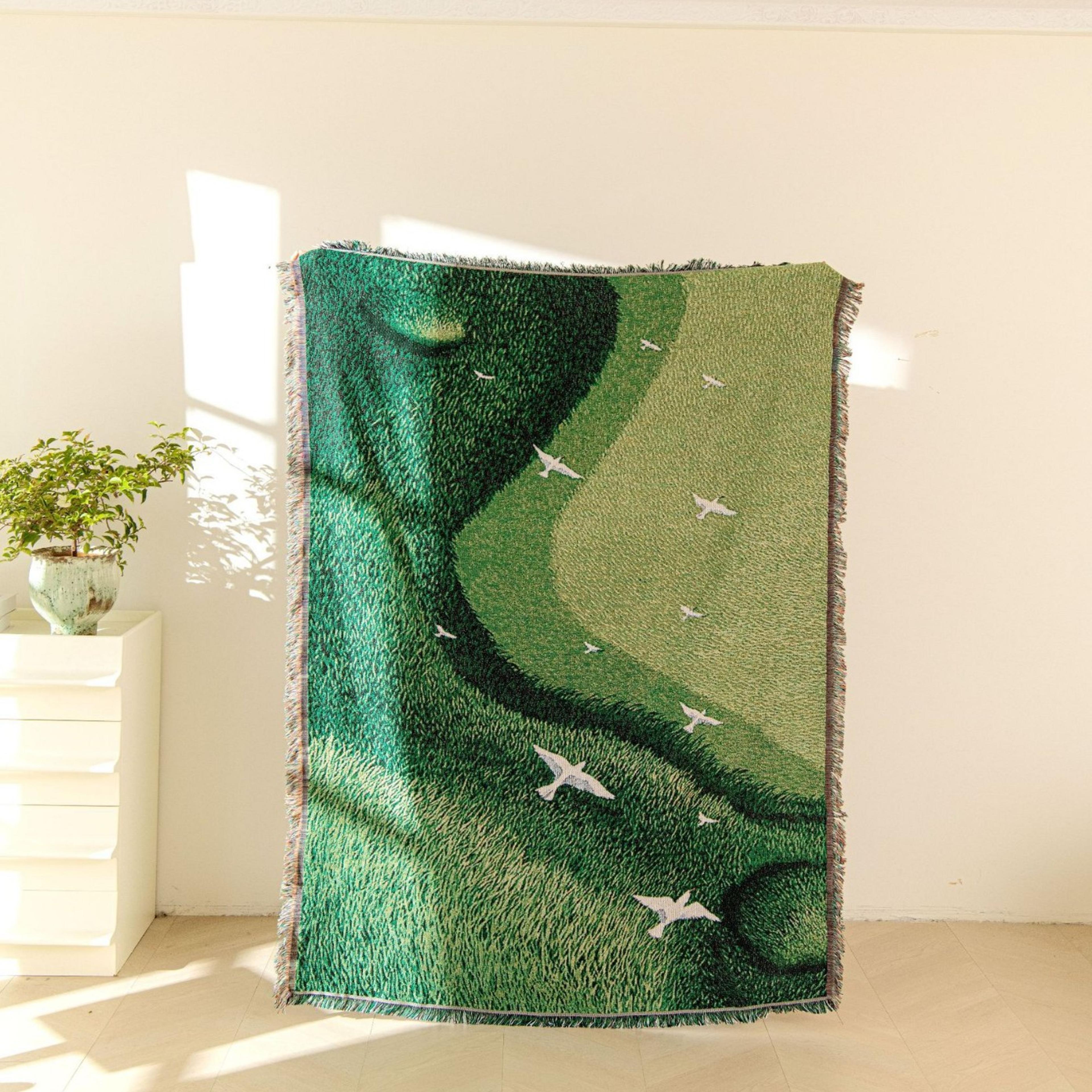 abstract landscape woven throw blanket with flying birds fringed nature decor sofa & bed throw