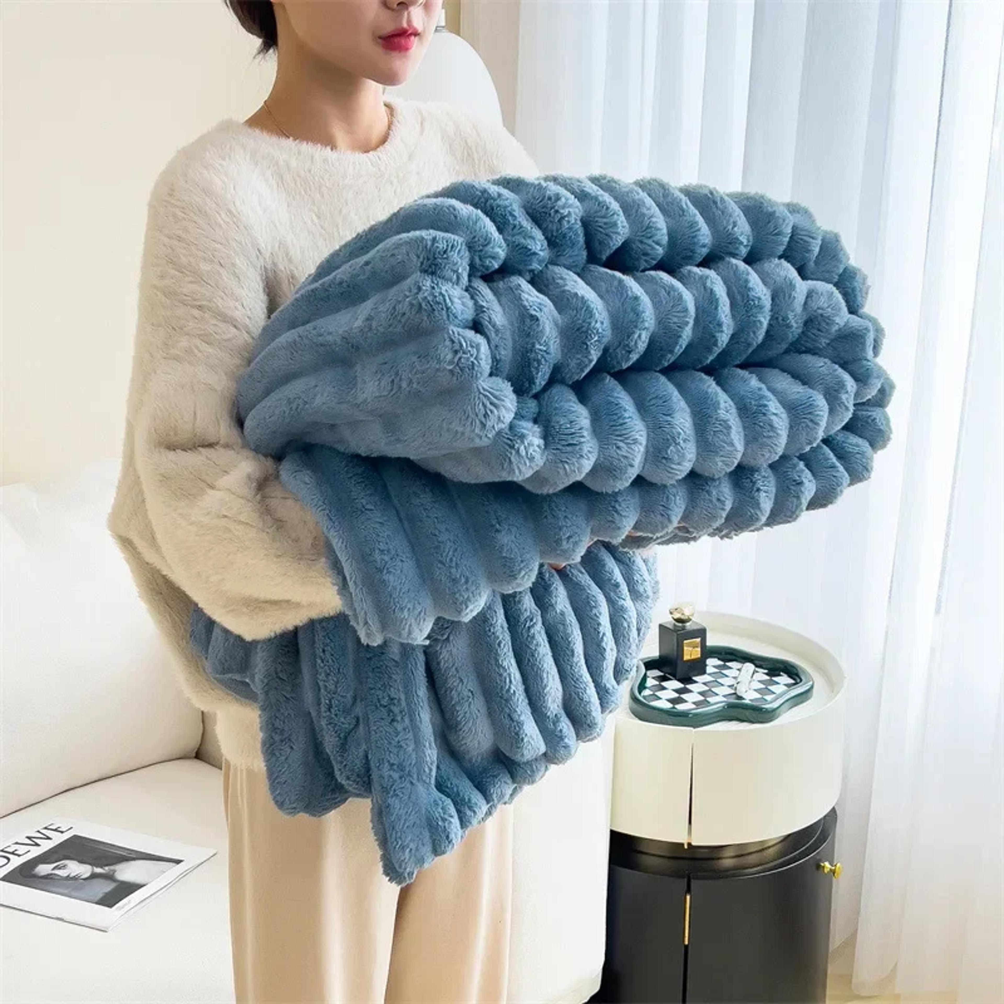 luxury faux rabbit fur throw blanket ultra soft plush striped cozy blanket for couch, sofa & bed