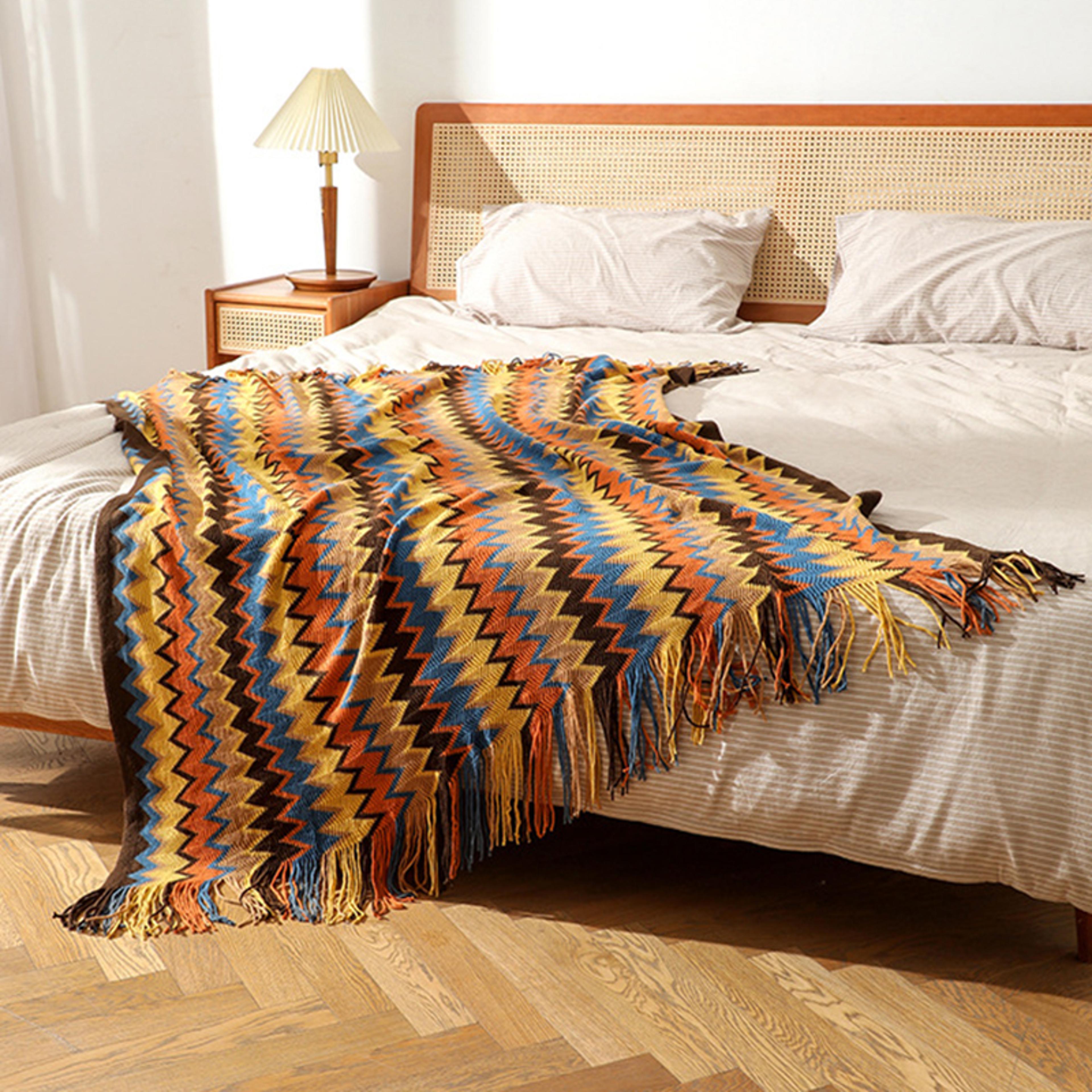 boho throw blanket knitted striped tassel decorative sofa & bed throw