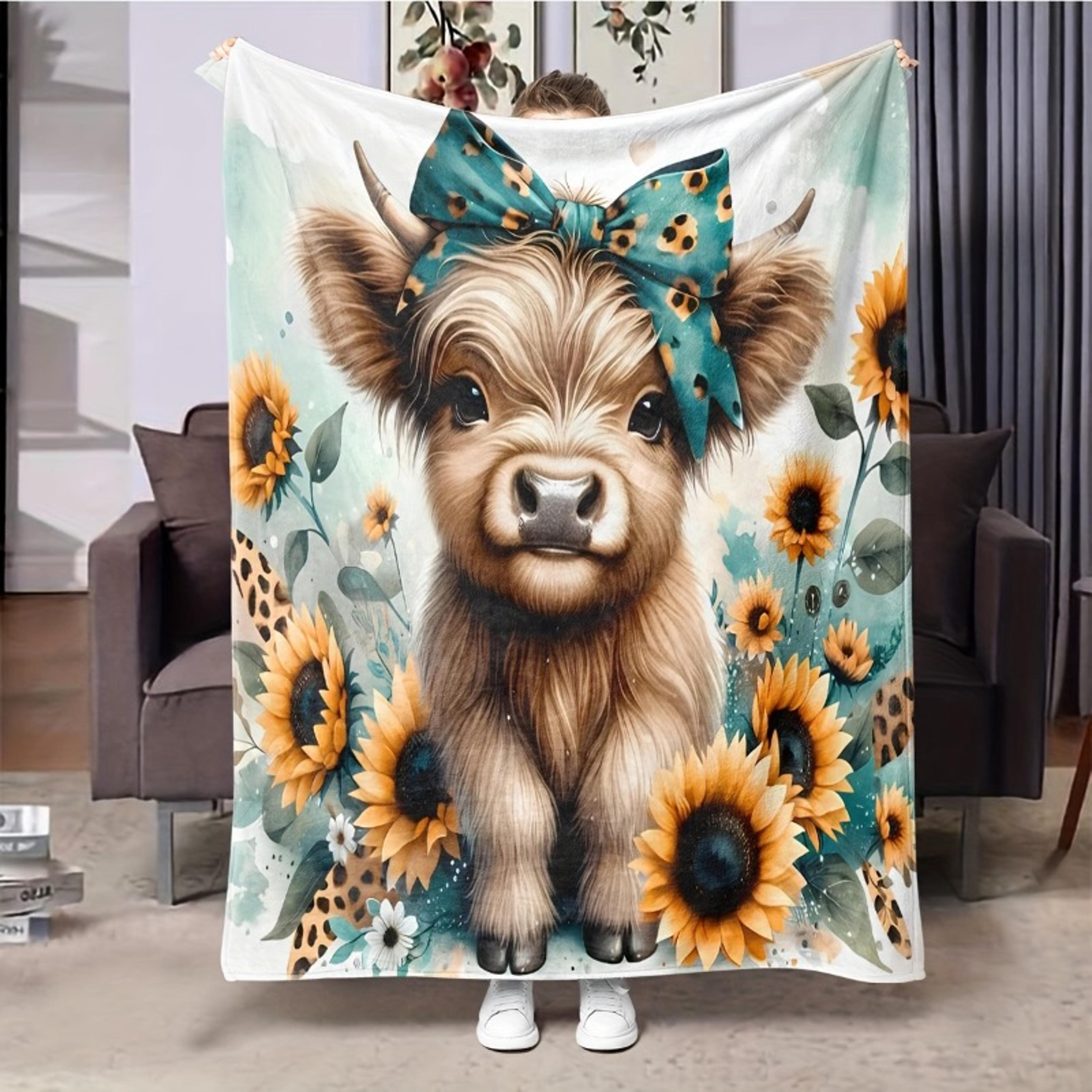 sunflower highland cow flannel throw blanket soft cozy farmhouse fleece blanket for bed, sofa & office