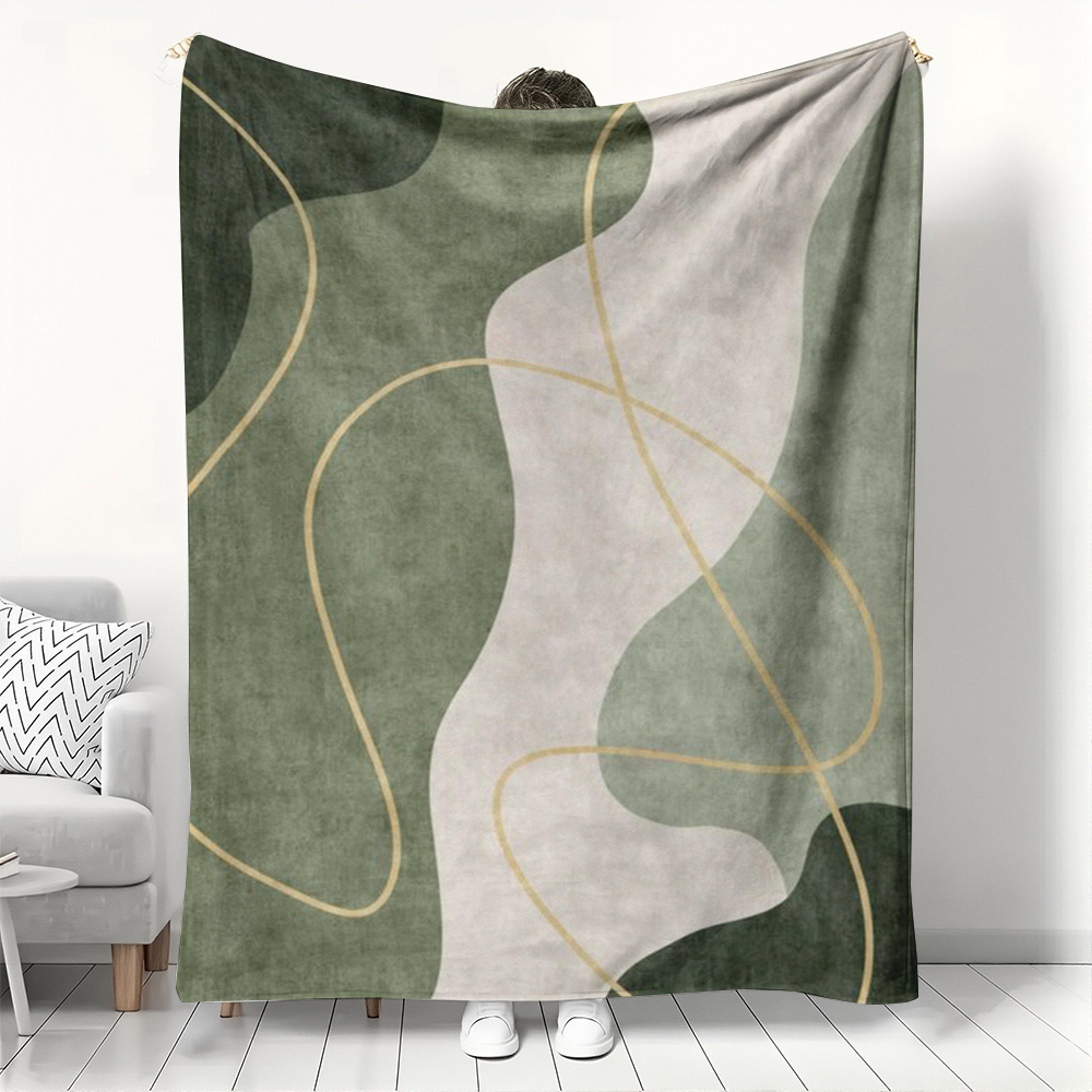 modern abstract flannel blanket soft green & gold throw blanket for bed, sofa & cozy winter comfort