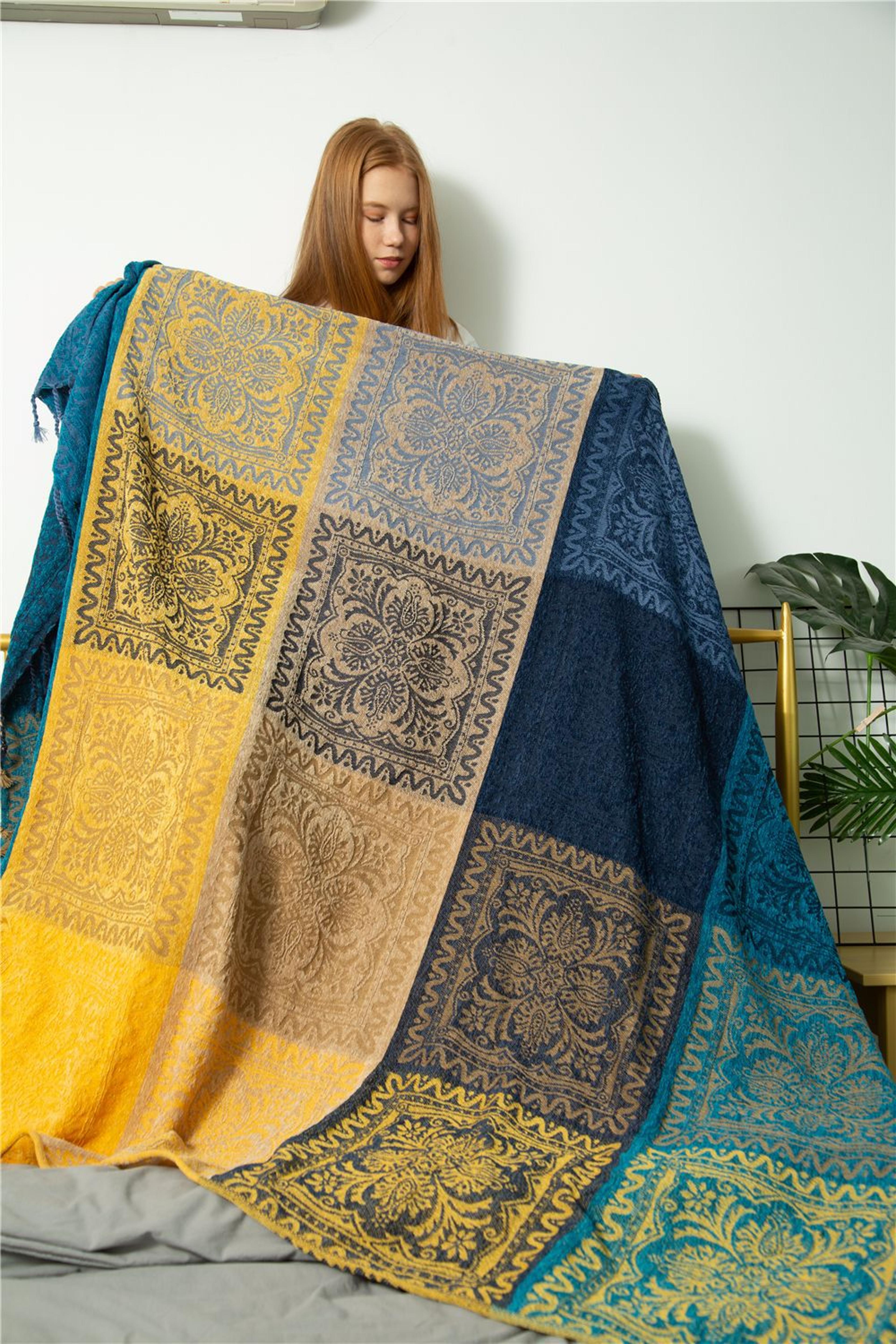 boho throw blanket chenille sofa cover with tassels decorative couch blanket for bed & living room