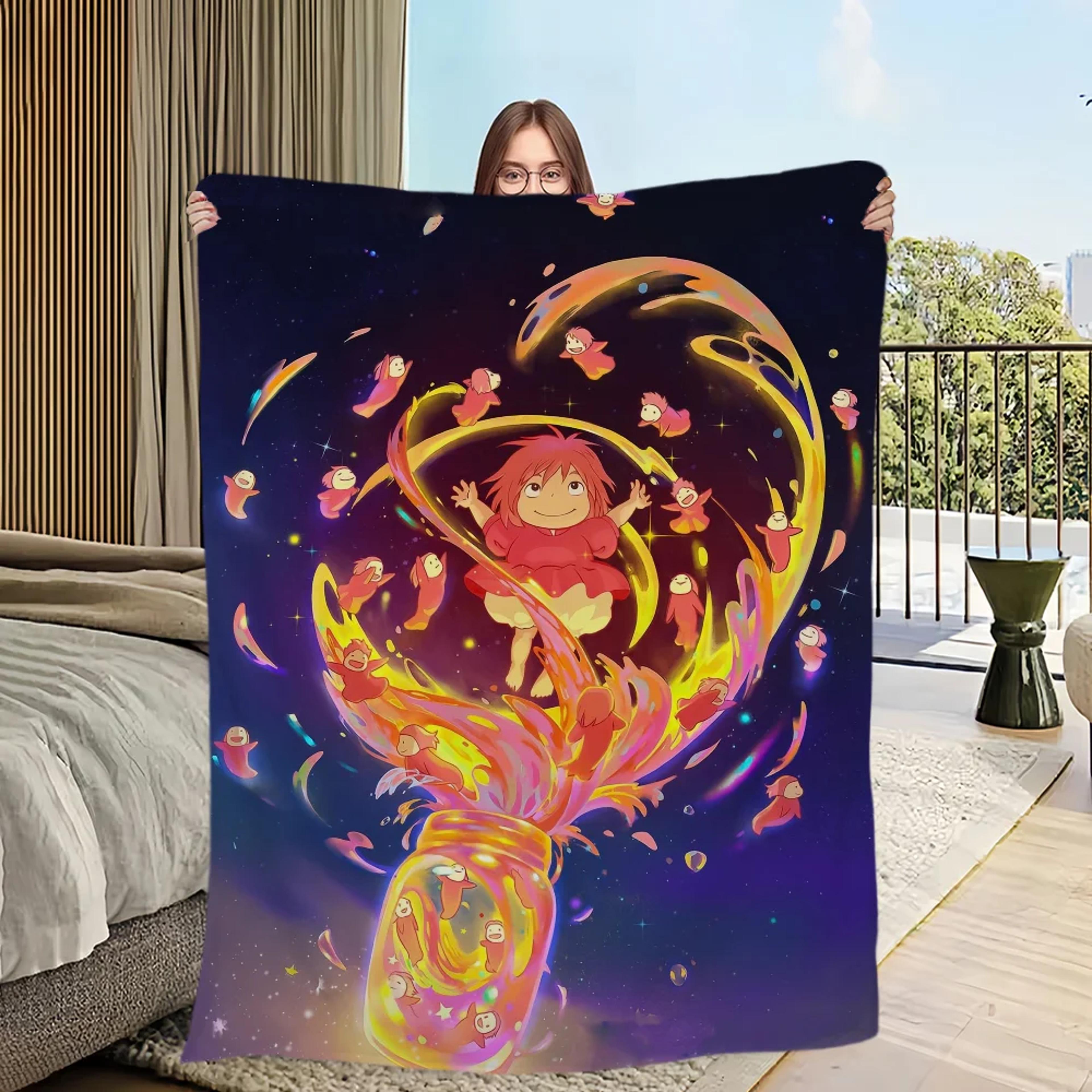 ponyo flannel throw blanket soft plush fleece anime throw for sofa, bed & travel