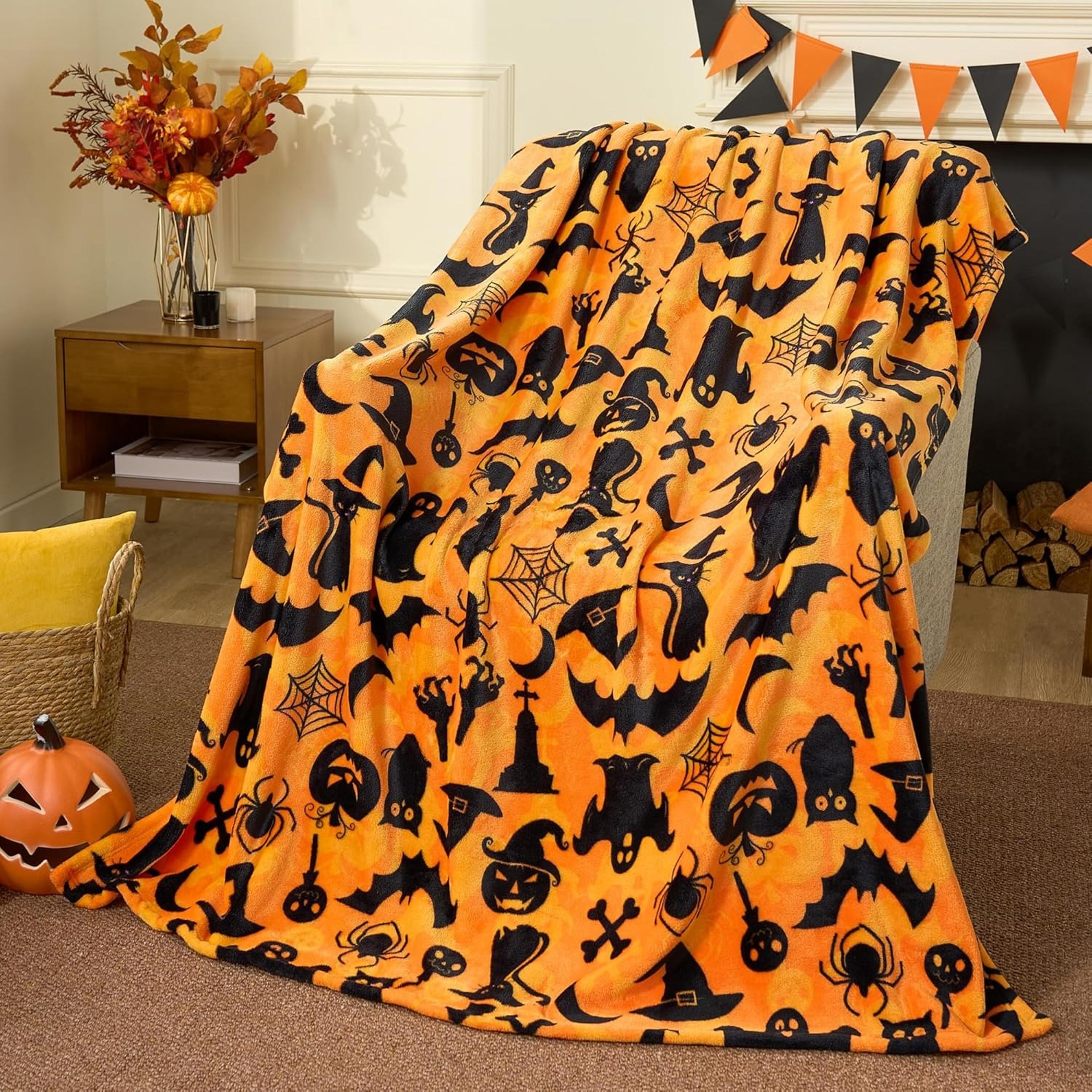 cozy halloween throw blanket spooky ghost, bat & pumpkin lightweight blanket for couch, bed & travel