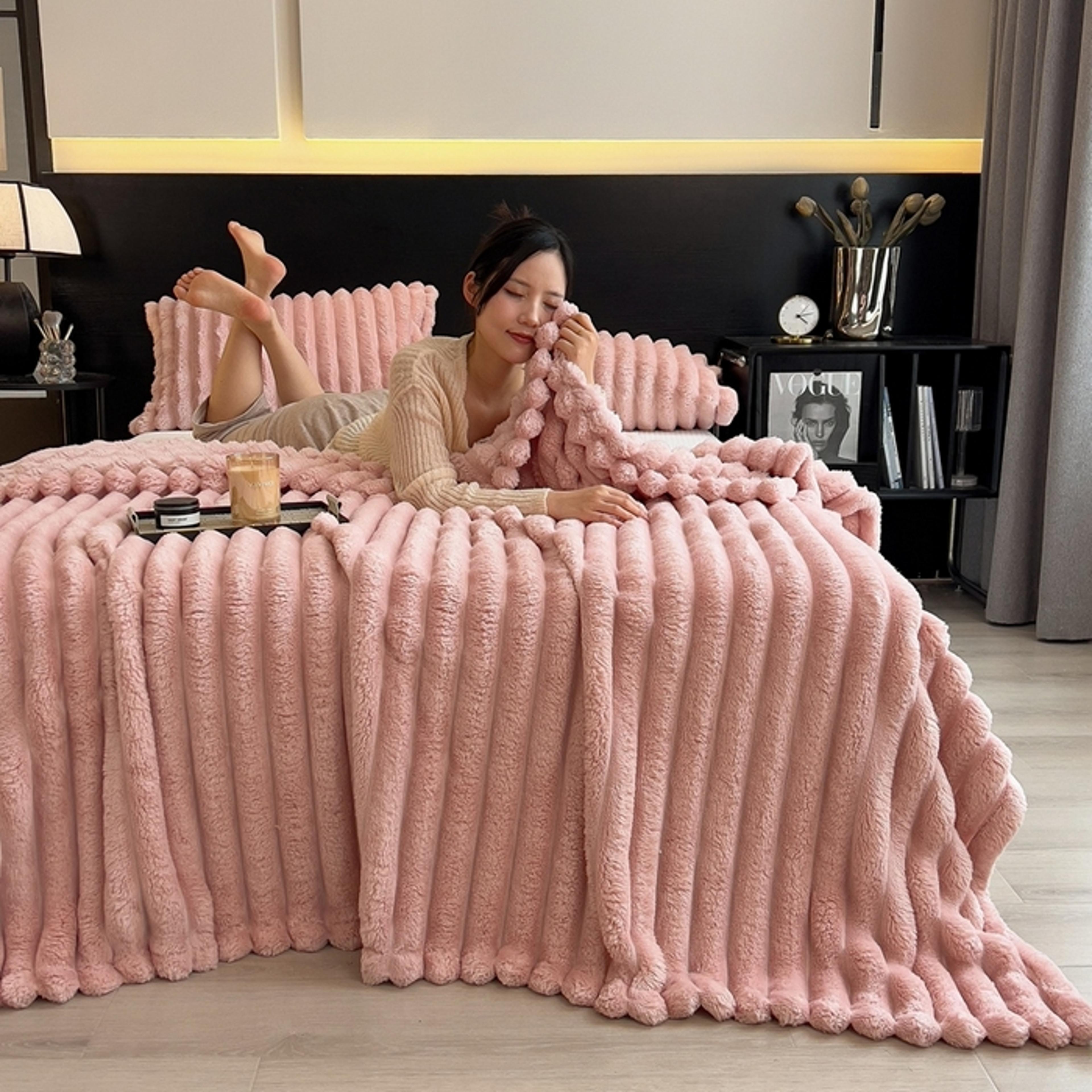 luxury rabbit plush blanket thick coral fleece blanket for bed, sofa & cozy all season comfort