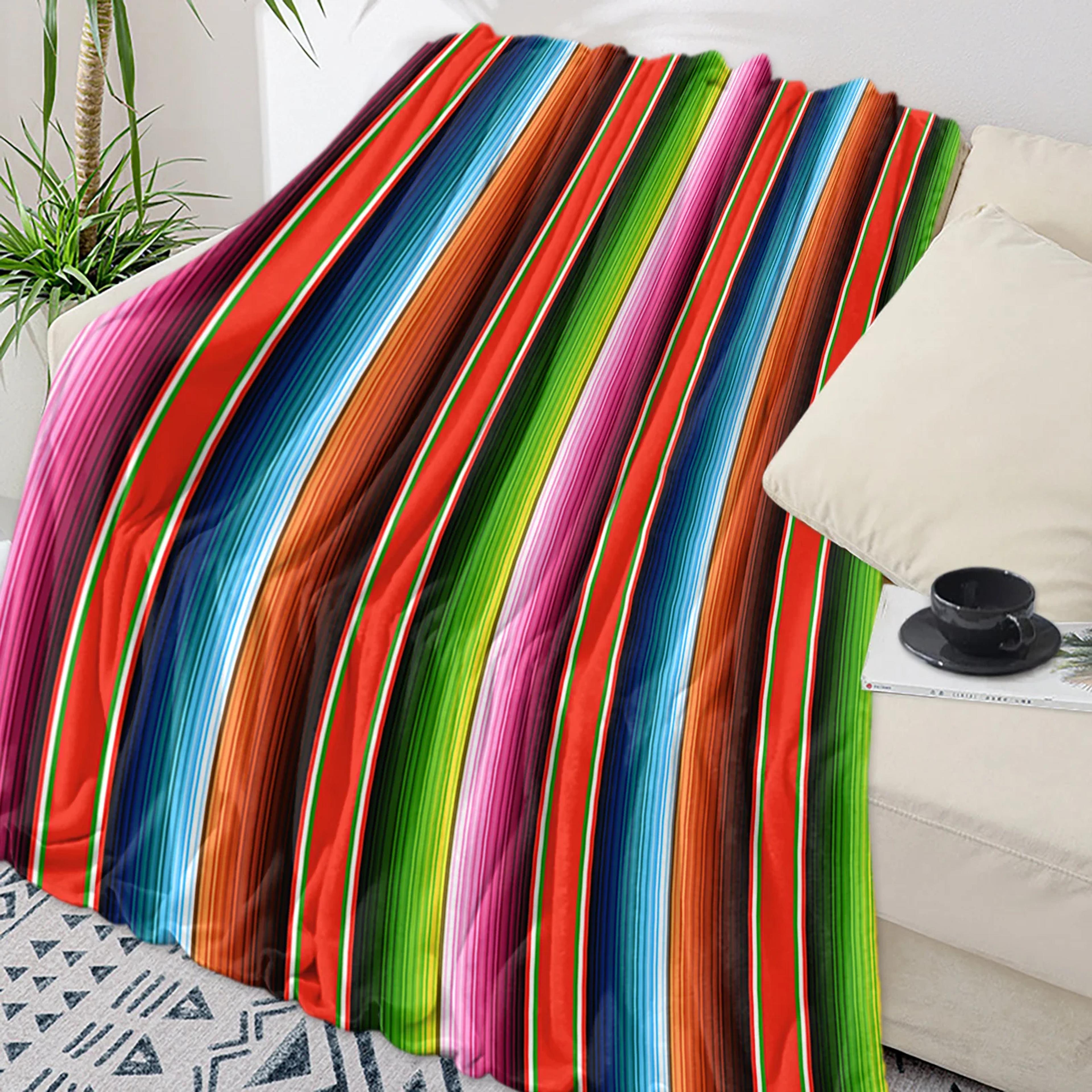 mexican throw blanket soft flannel throw blanket with colorful boho stripes for sofa, bed & travel