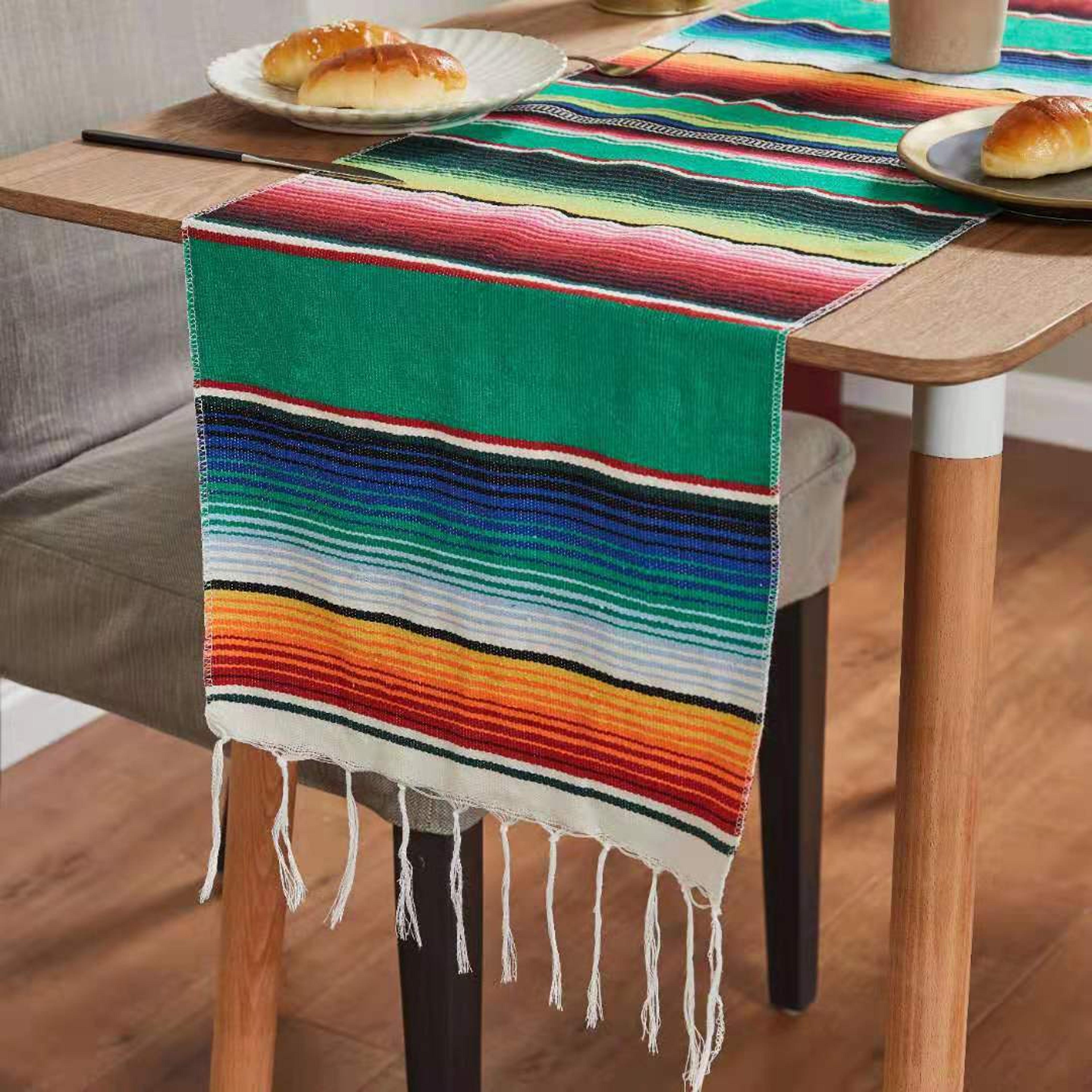 colorful woven mexican table runner with fringe boho striped fiesta table decor