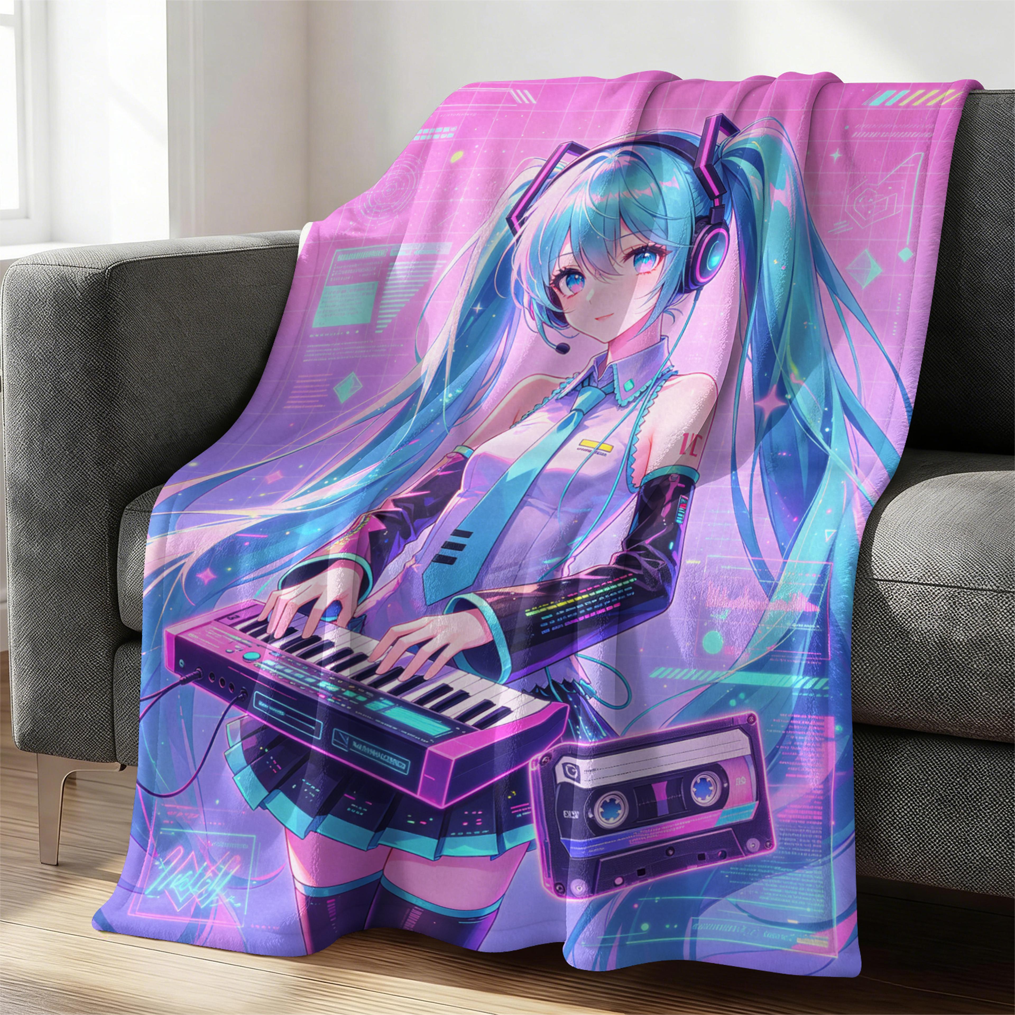 hatsune miku crayon style flannel throw blanket cozy anime throw blanket for sofa, bed & travel
