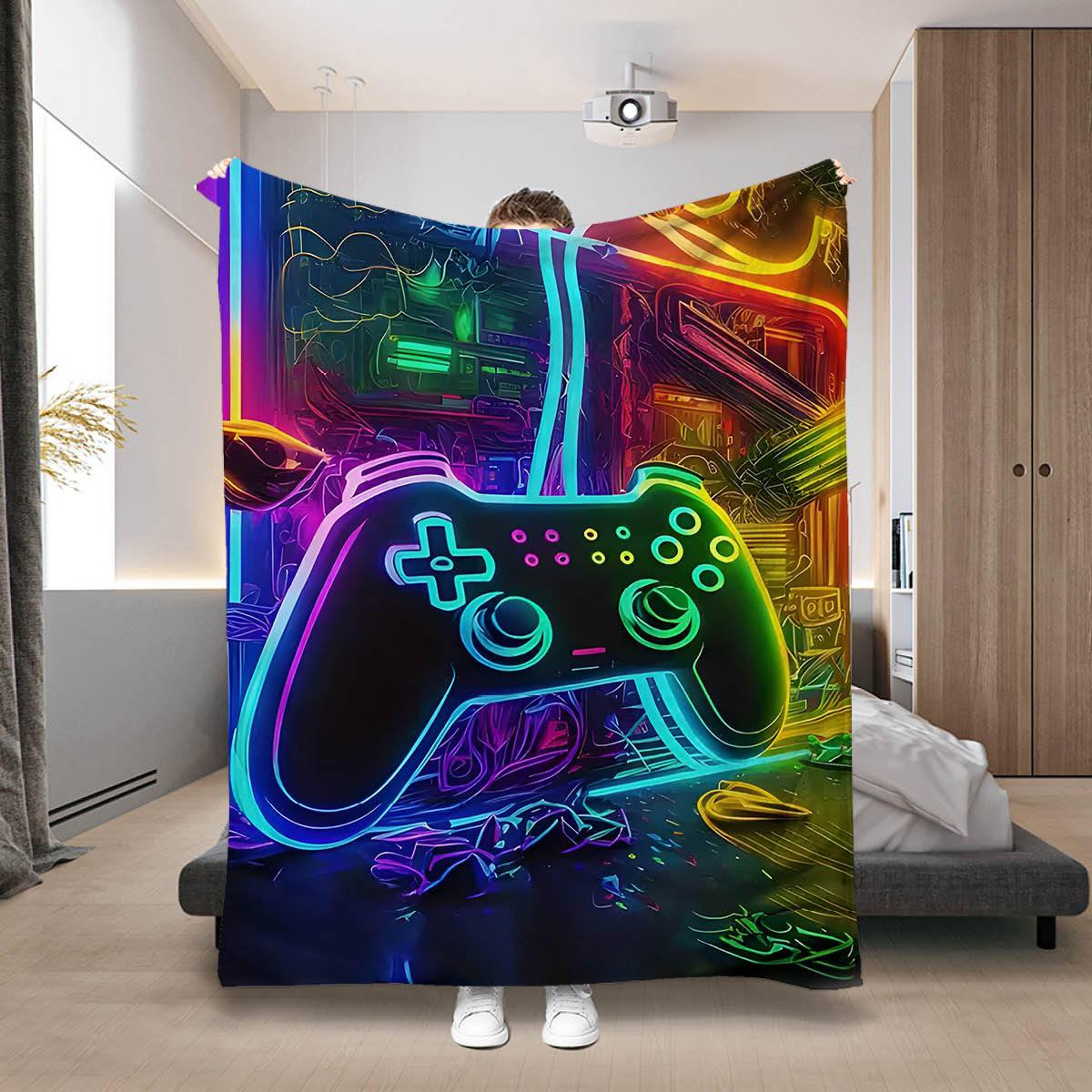 colorpop gaming blanket soft game controller blanket flannel throw for couch, bed & gaming room