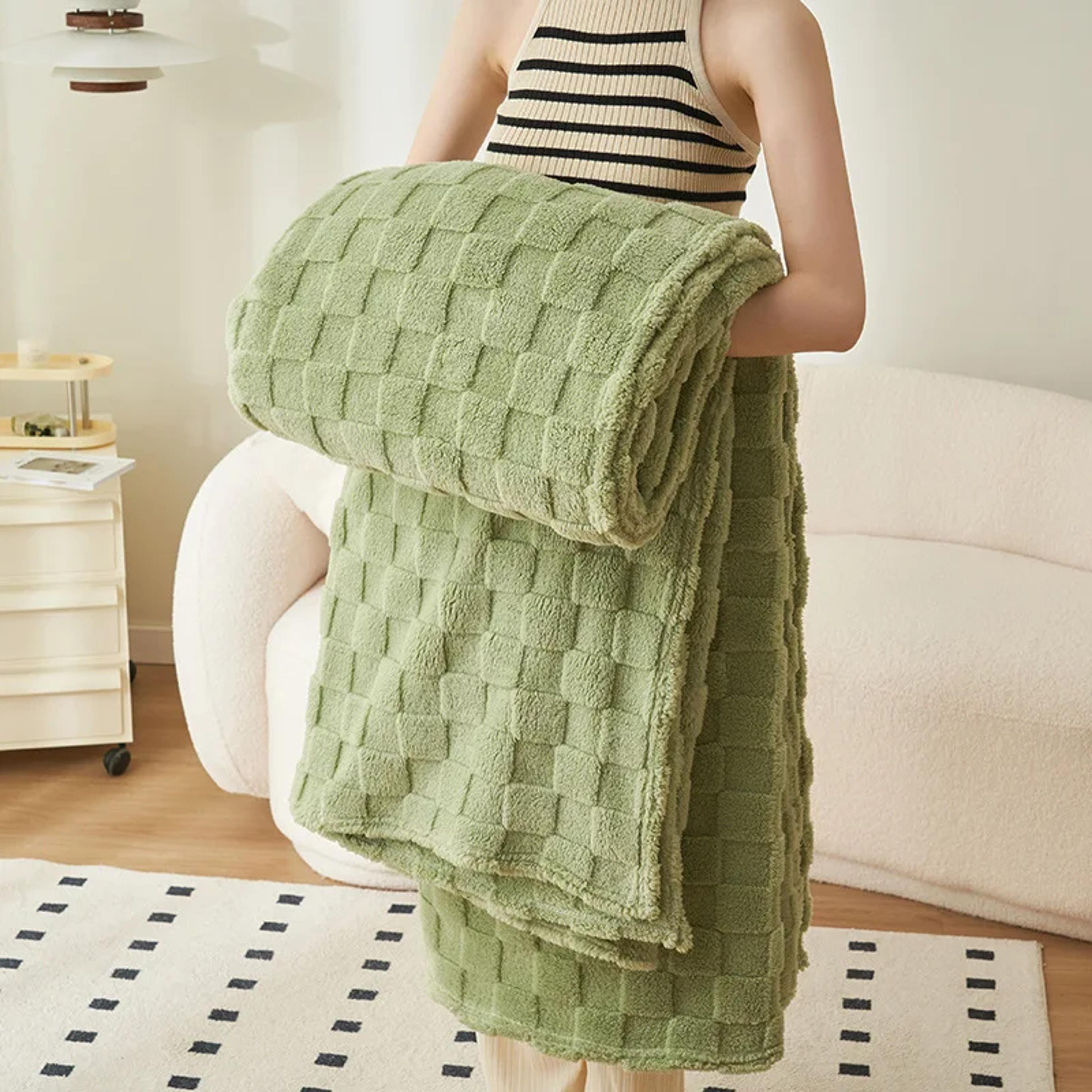 cozy flannel blanket with lamb wool feel soft plaid throw for sofa, couch & bed