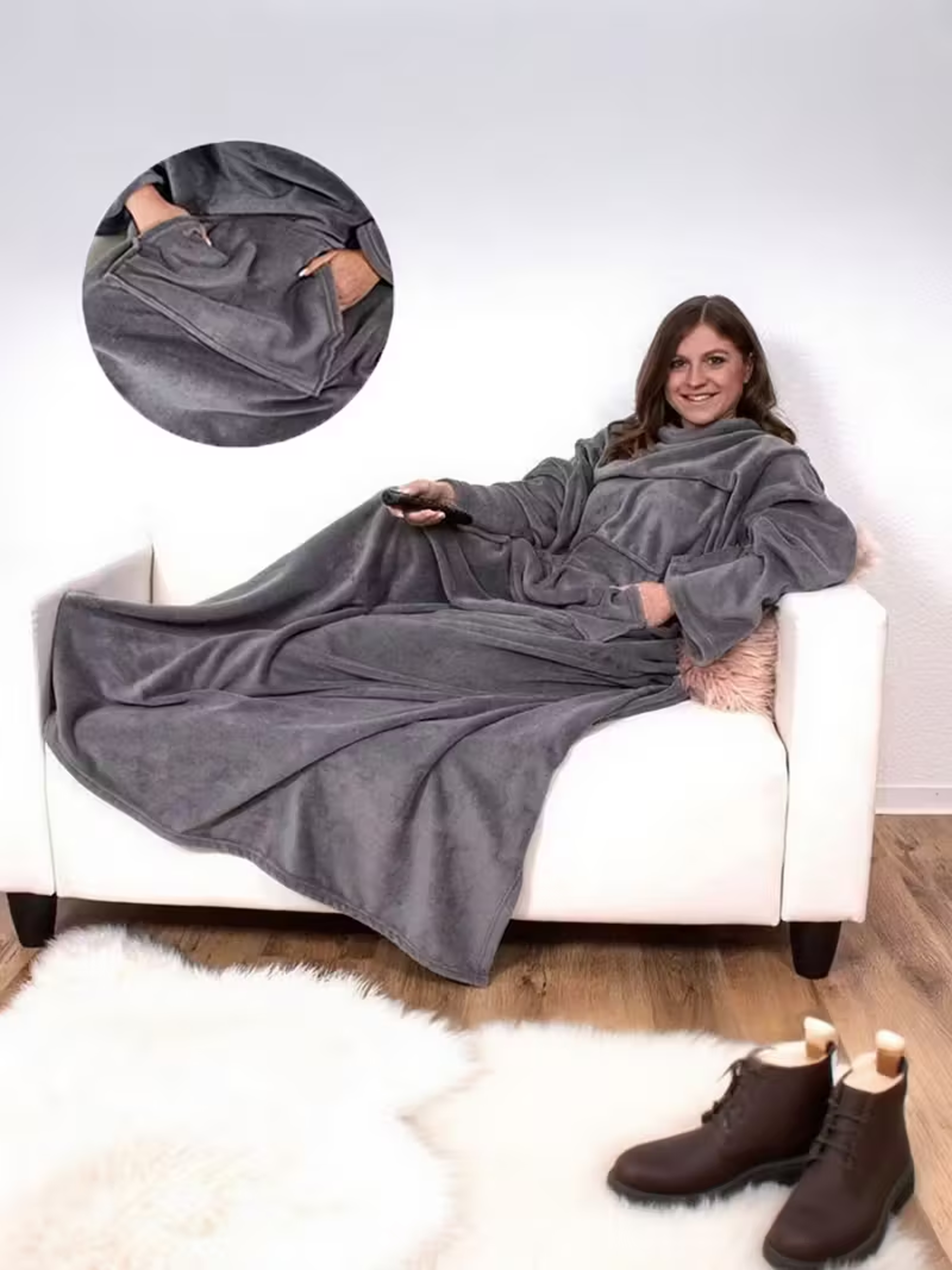 cozy wearable blanket with sleeves & large pocket soft flannel blanket for tv, sofa & home
