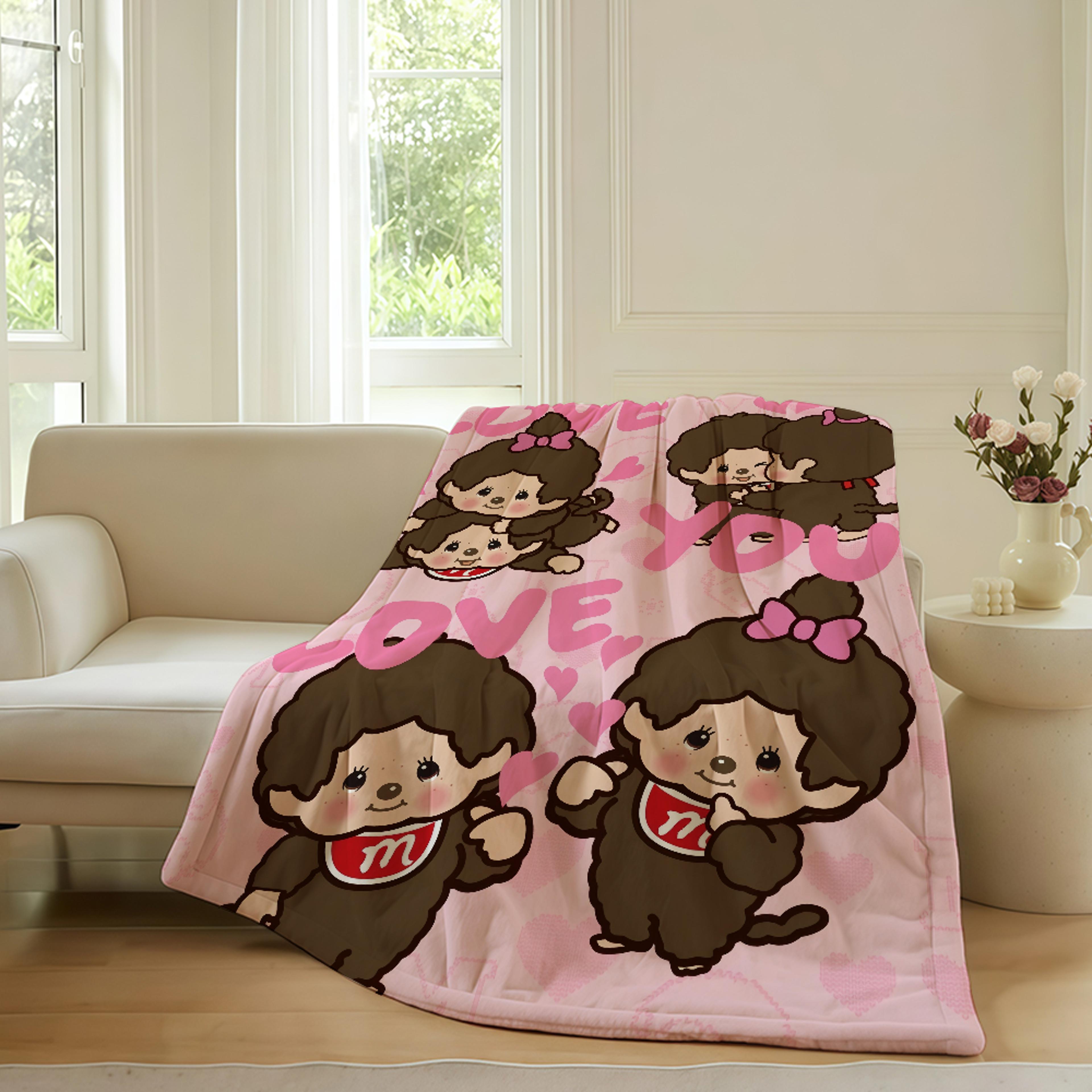 cute monchhichi inspired cartoon throw blanket soft flannel cozy fleece for bed, sofa & travel