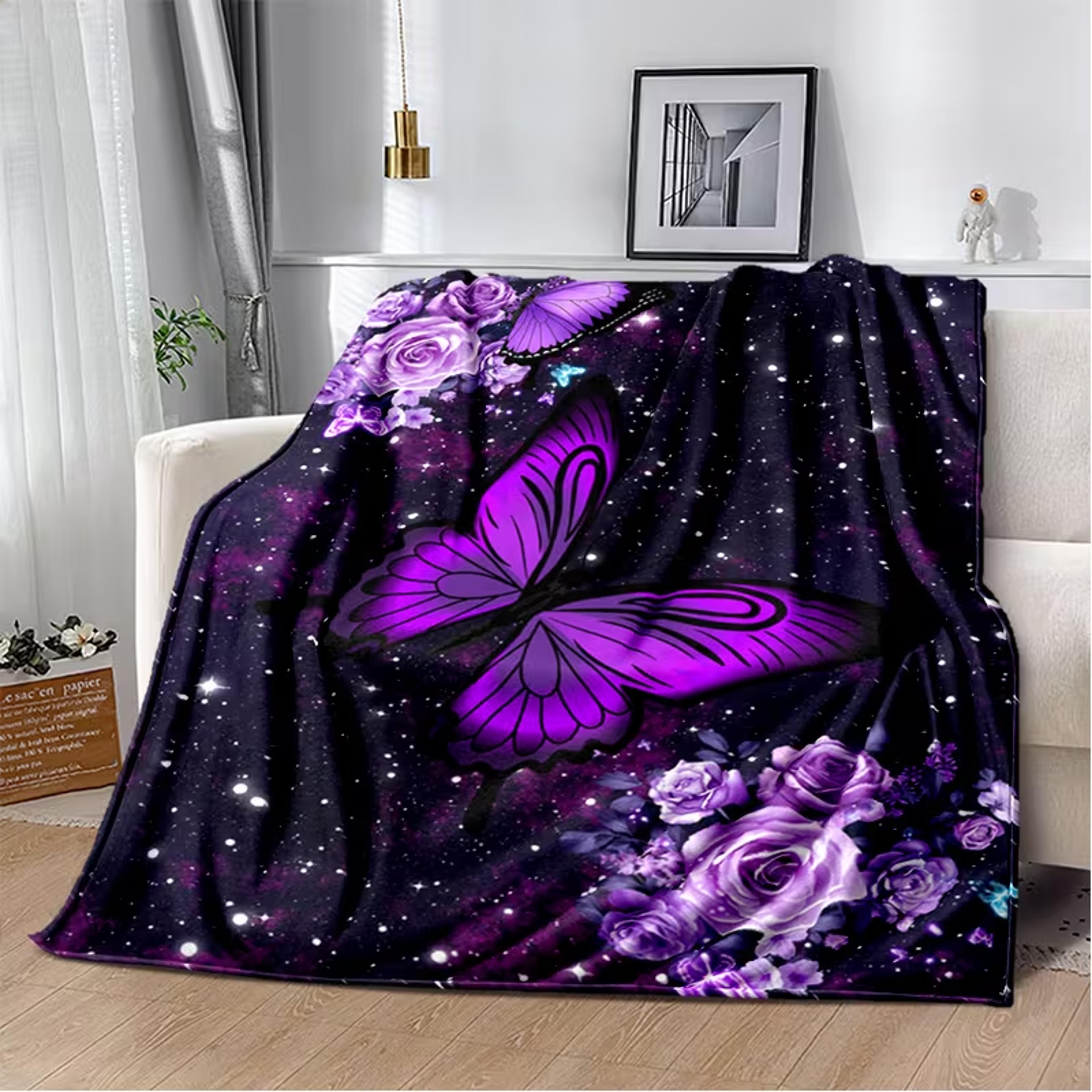 purple butterfly flannel throw blanket soft plush starry sky blanket for bed, sofa & travel