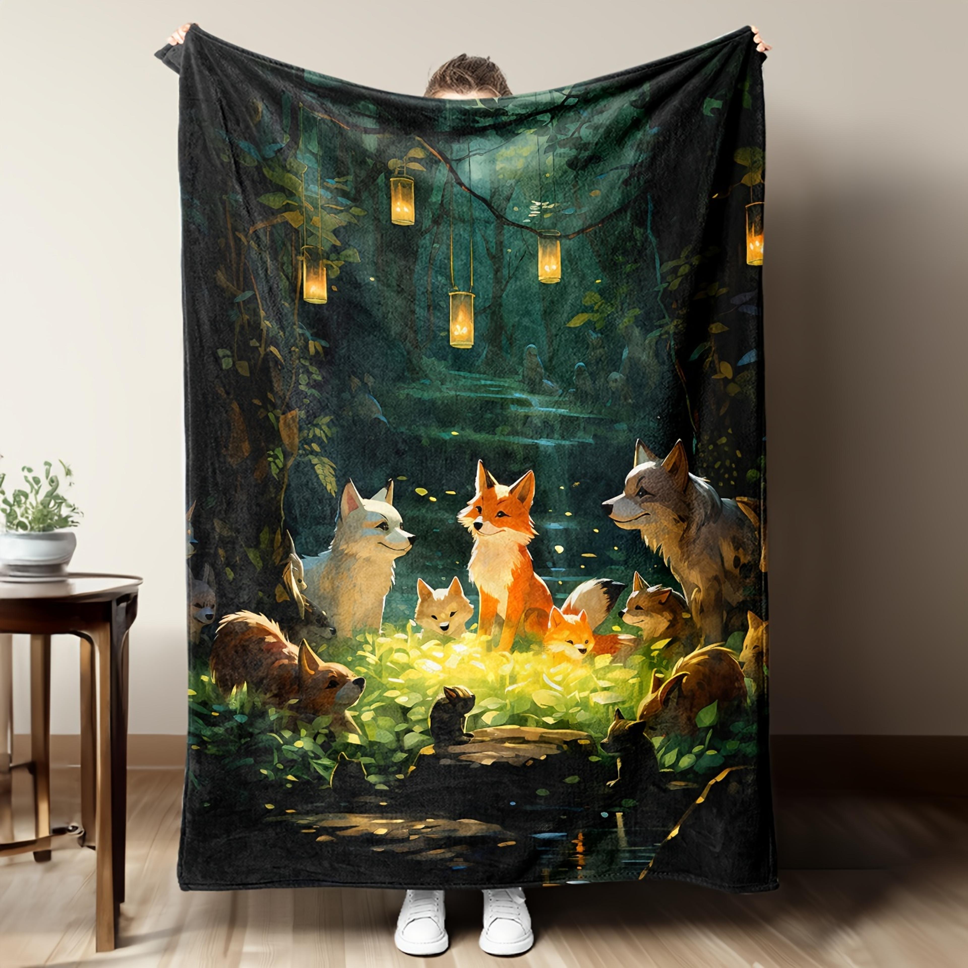 forest fox flannel throw blanket soft cozy woodland blanket for couch, bed & travel