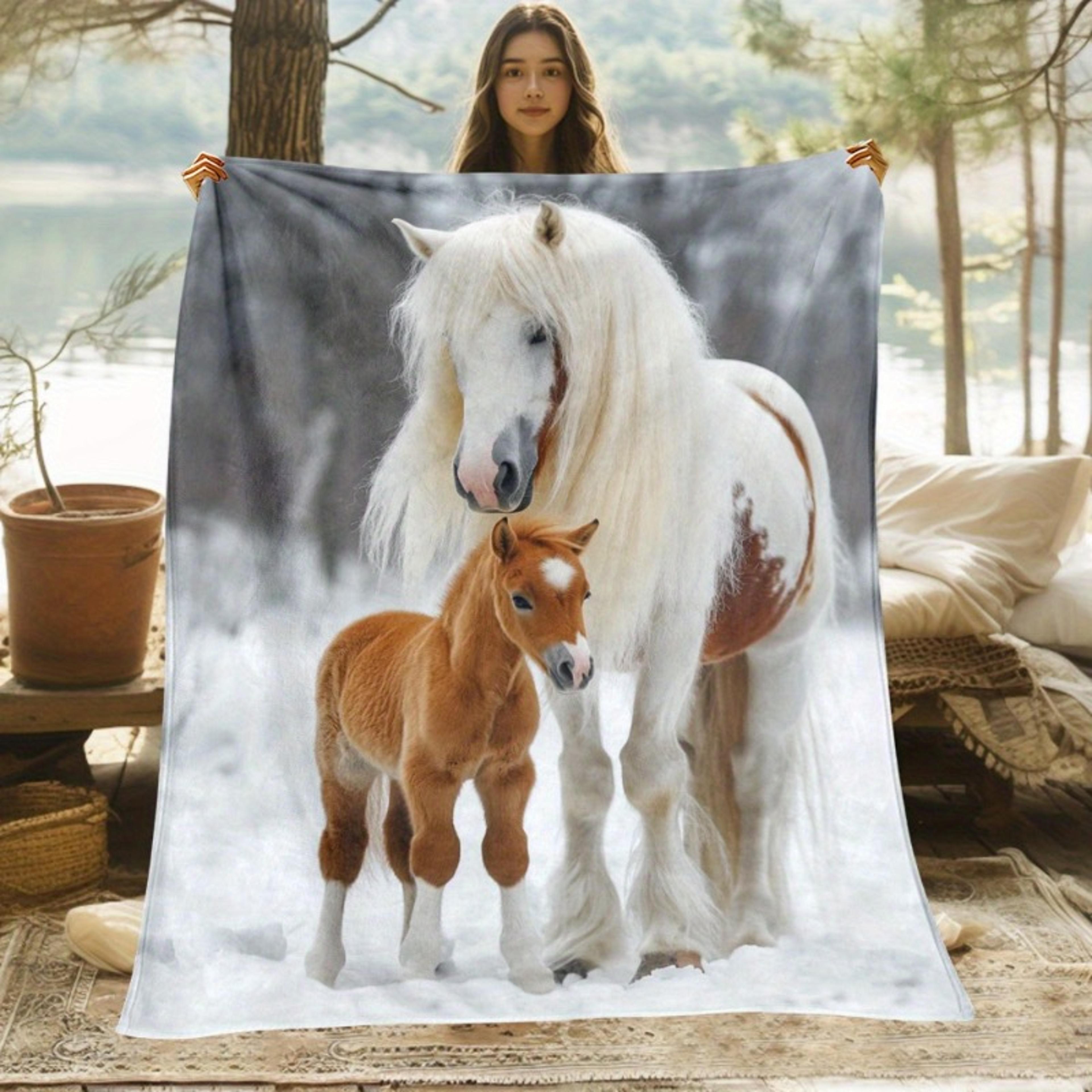 white horse & foal horse throw blanket soft flannel fleece blanket for sofa, bed & travel