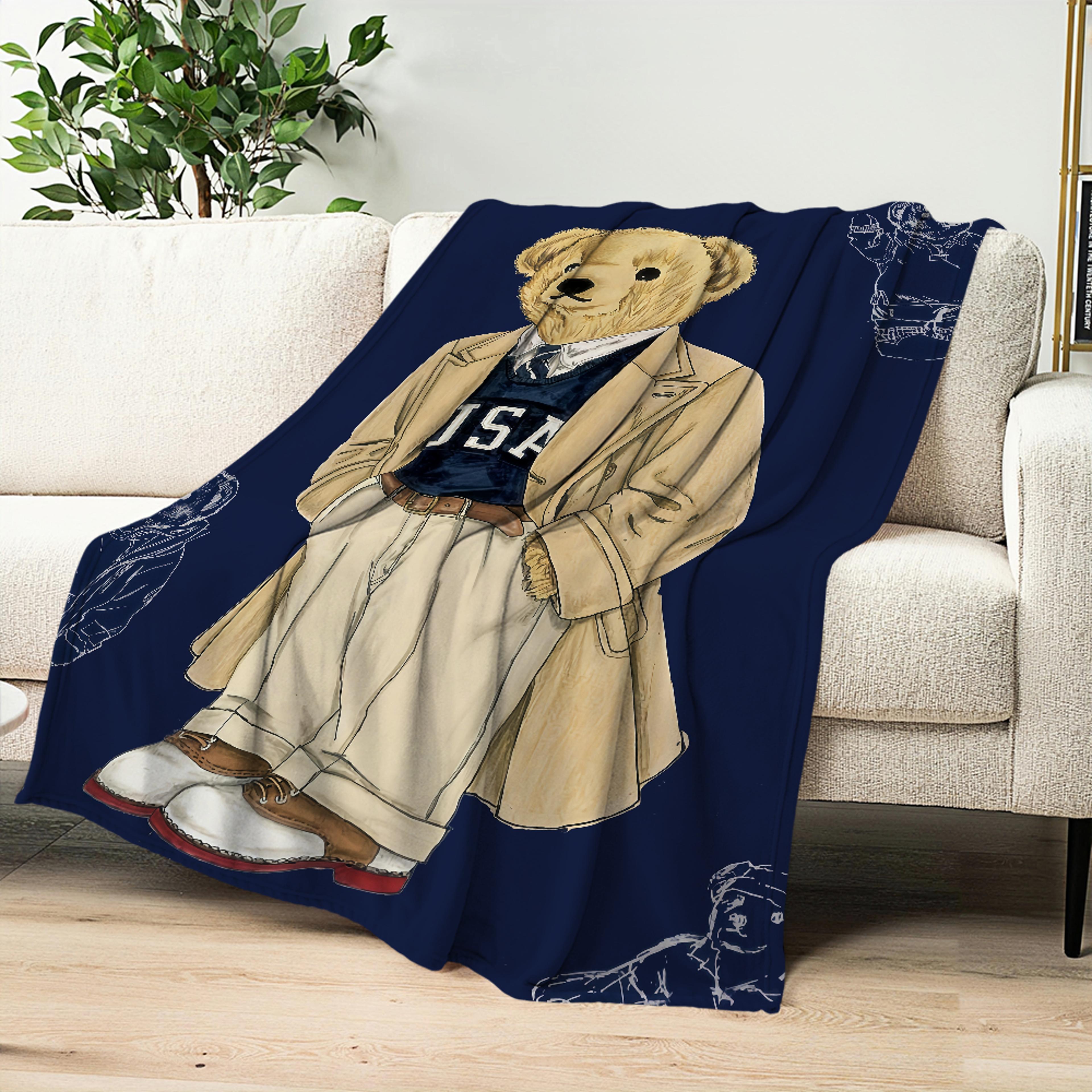 cute bear cartoon flannel blanket soft plush throw for sofa, bed, travel & cozy home decor