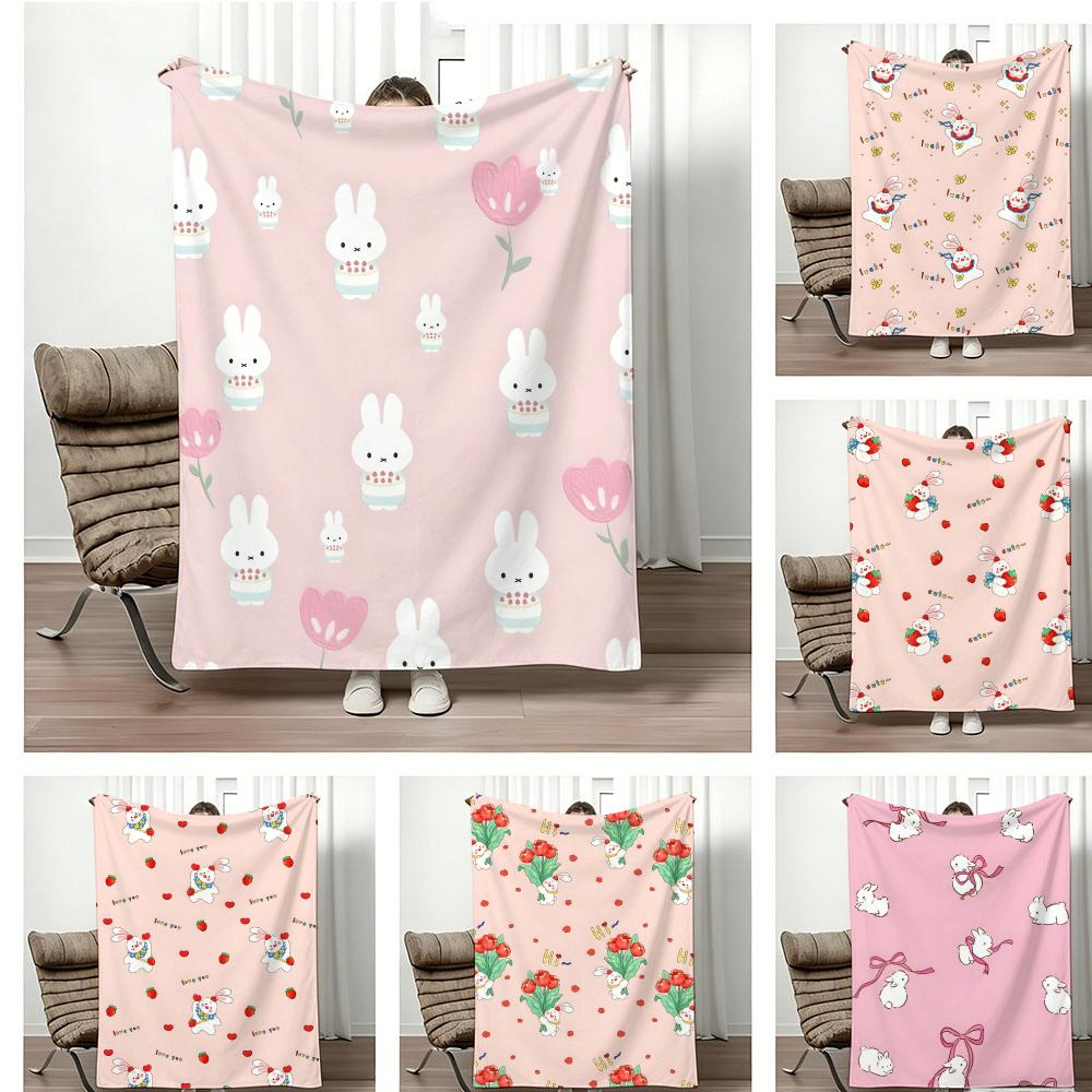 pink rabbit throw blanket soft flannel lightweight fleece blanket for bed, sofa & summer comfort