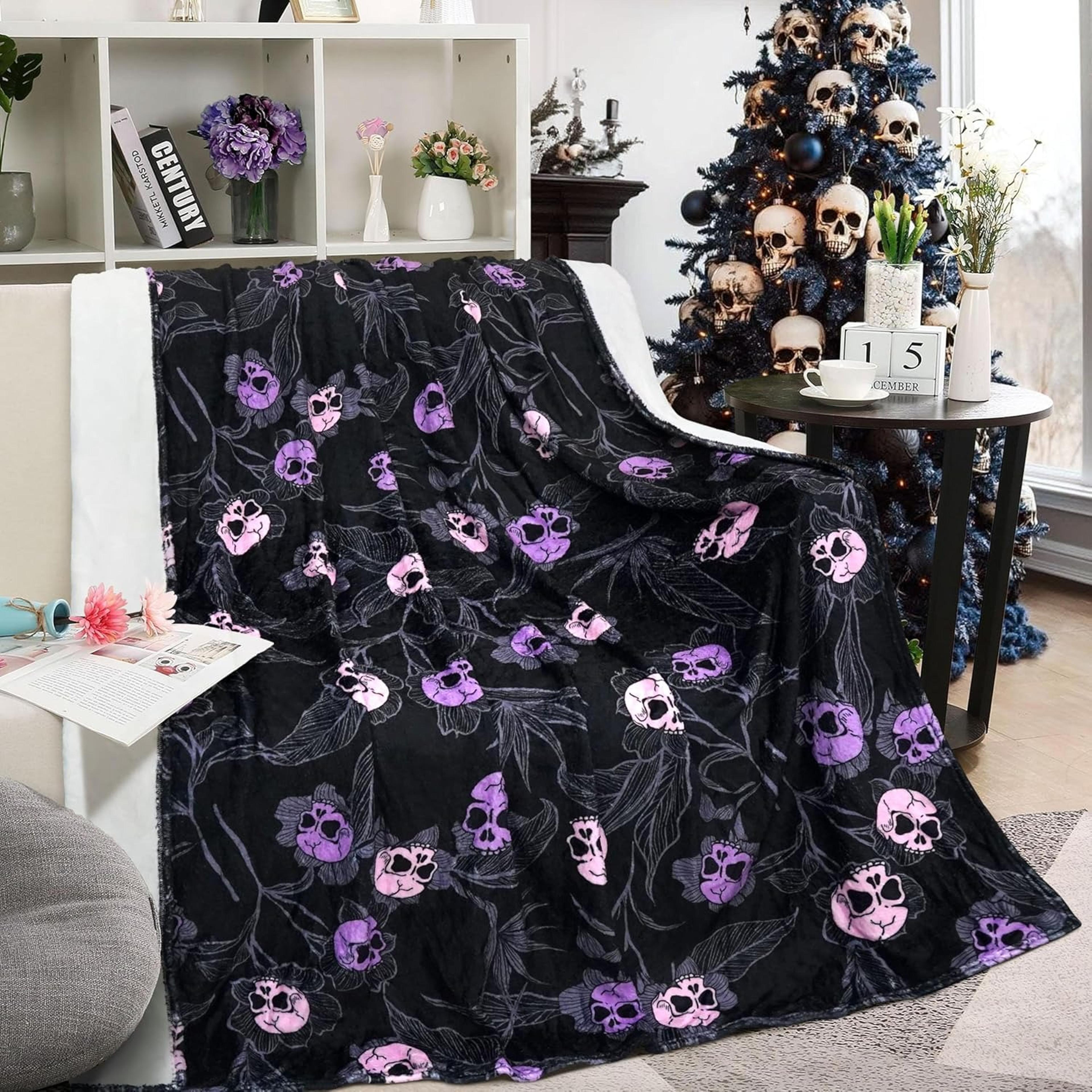 halloween throw blanket soft skull blanket with gothic floral skeleton design for couch, bed & travel